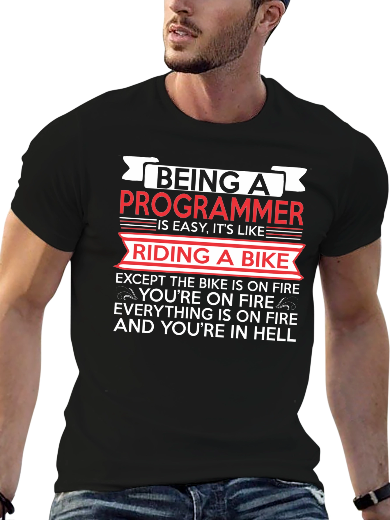 Black Programmer Humor T-Shirt - Riding a Bike in Hell view 6