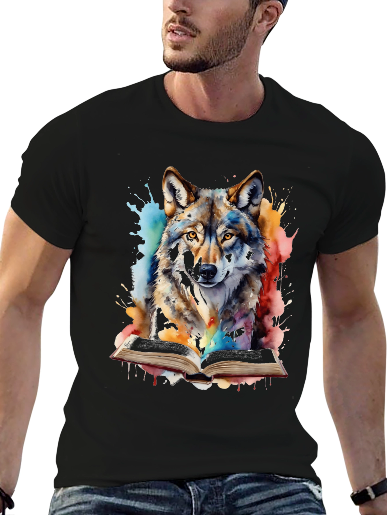 Black Watercolor Wolf Reading T-Shirt - Unique Graphic Tee view 6