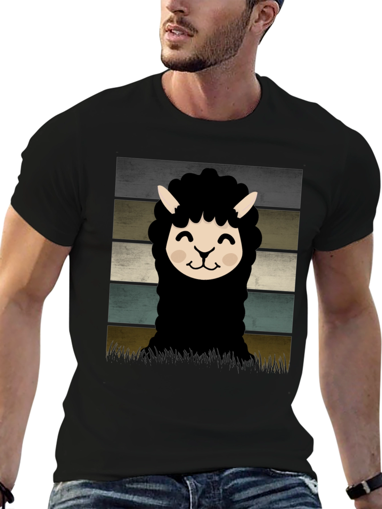 Black Retro Alpaca Graphic Tee - Black Cotton Blend view 6