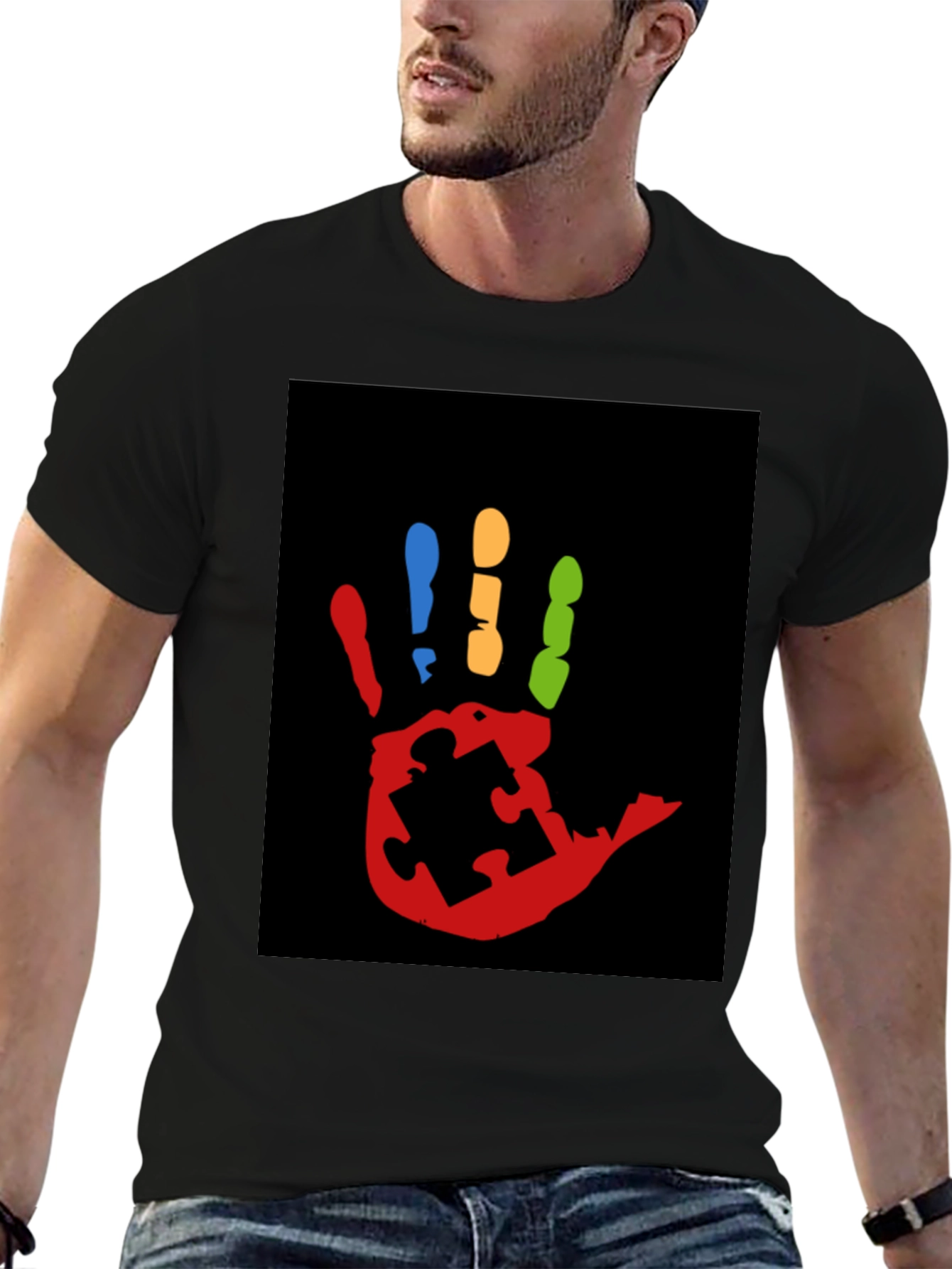 Black Autism Awareness Hand Print T-Shirt view 6