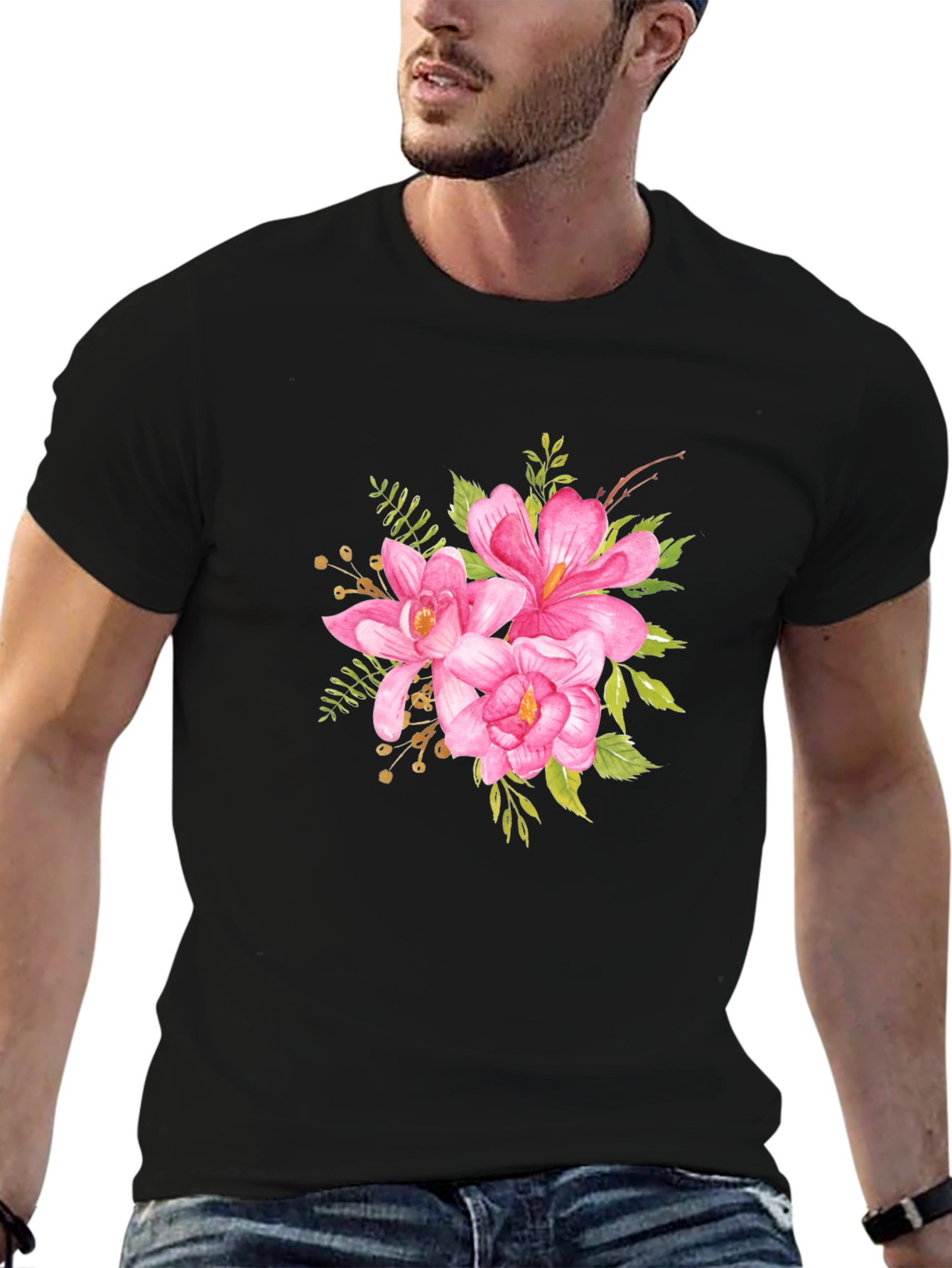 Black Floral T-Shirt - Pink Watercolor Flower Graphic Tee view 6
