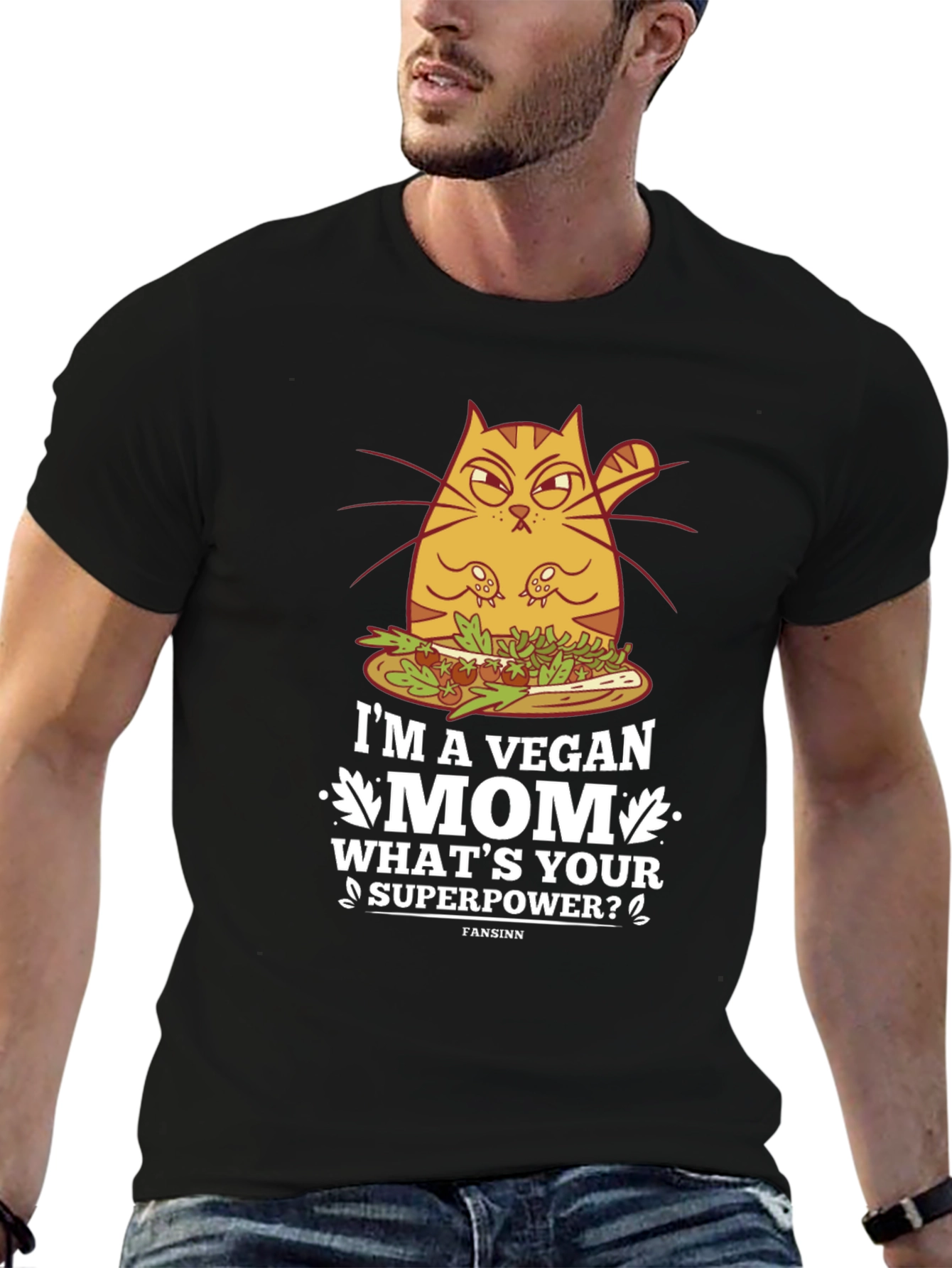 Black Vegan Mom T-Shirt - Funny Cat Design view 6