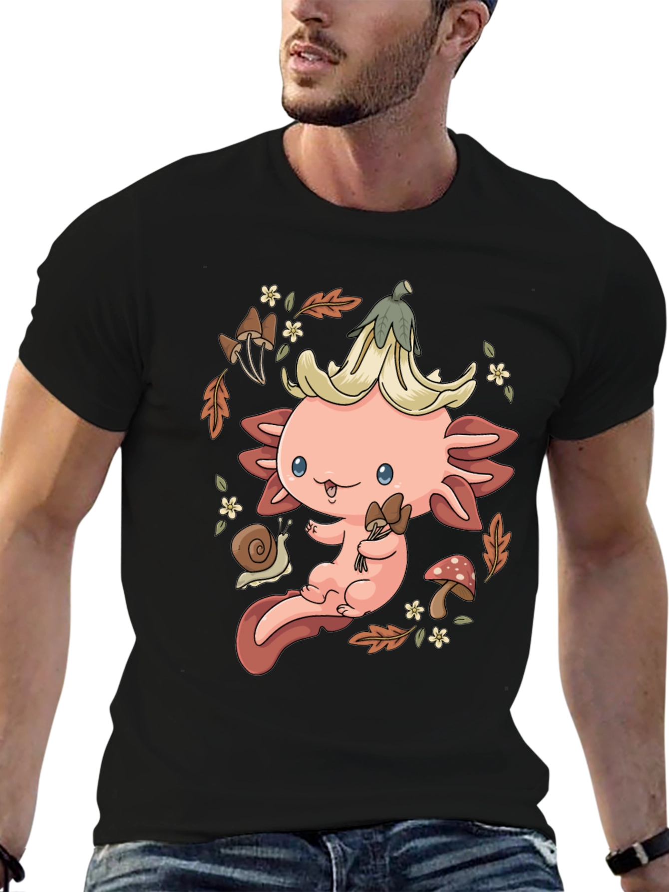 Black Cute Axolotl Mushroom T-Shirt - Whimsical Nature Design view 6
