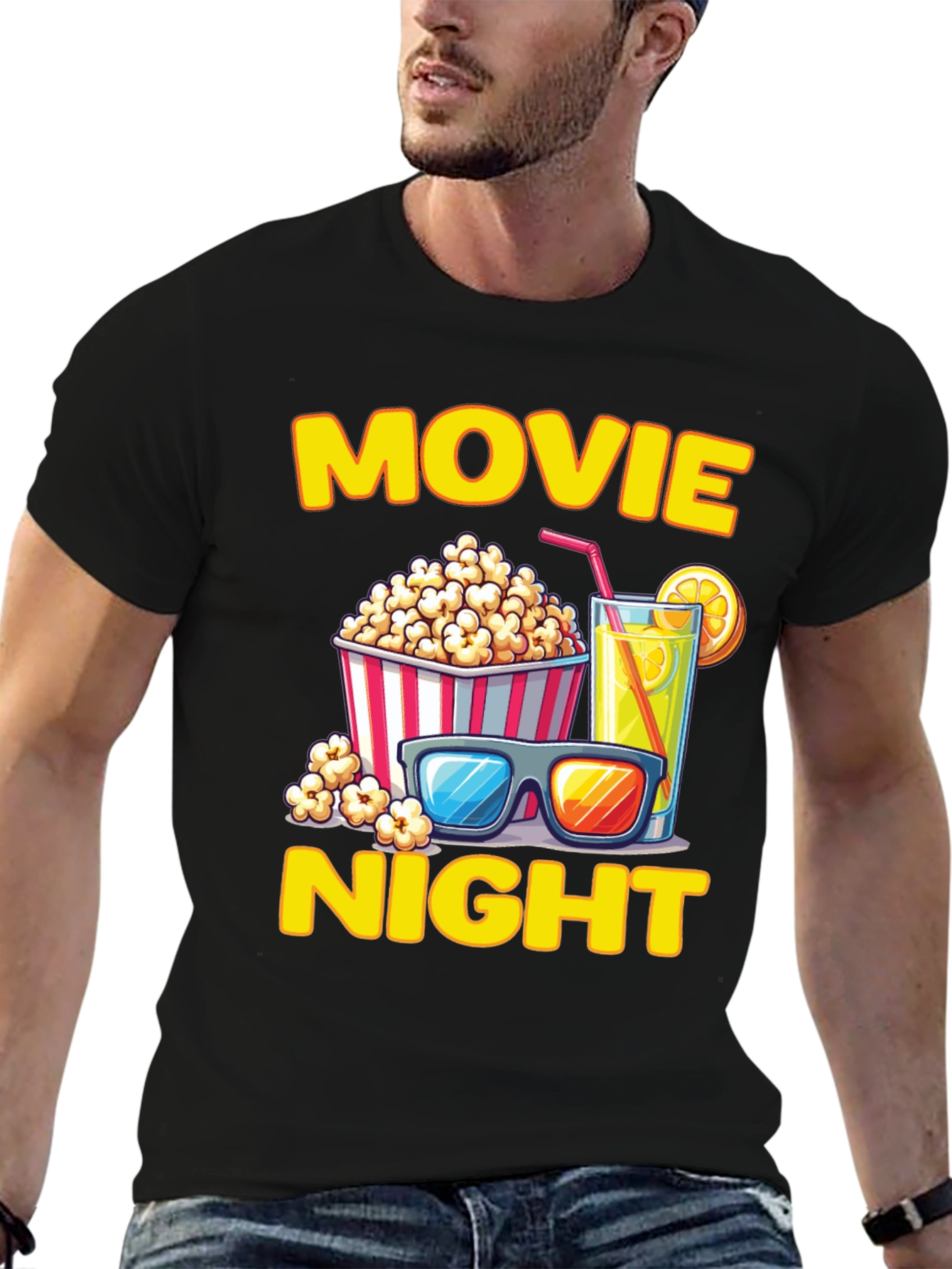 Black Movie Night T-Shirt - Popcorn, Drink, and Glasses view 6