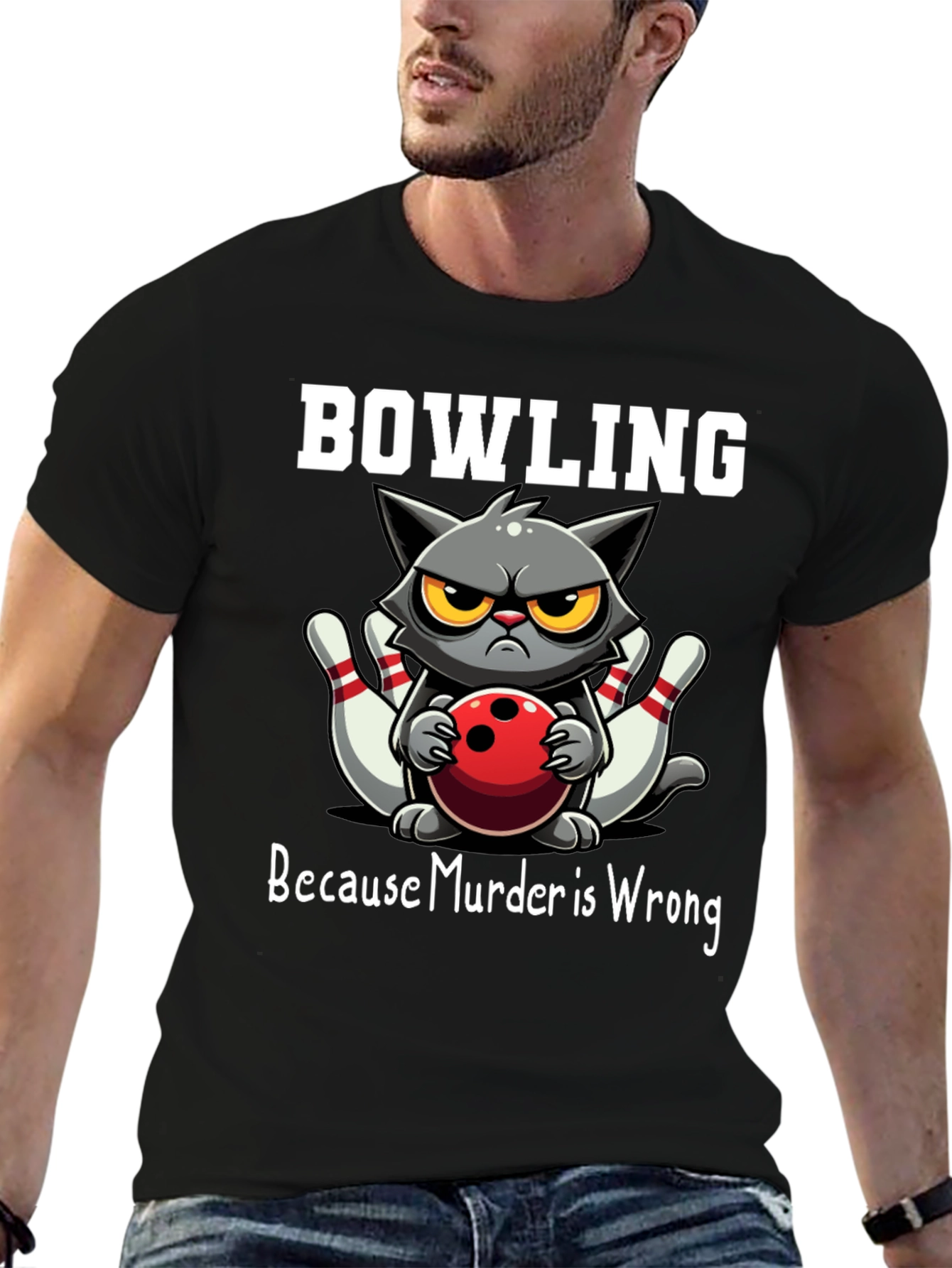 Black Bowling Cat T-Shirt - Because Murder is Wrong view 6