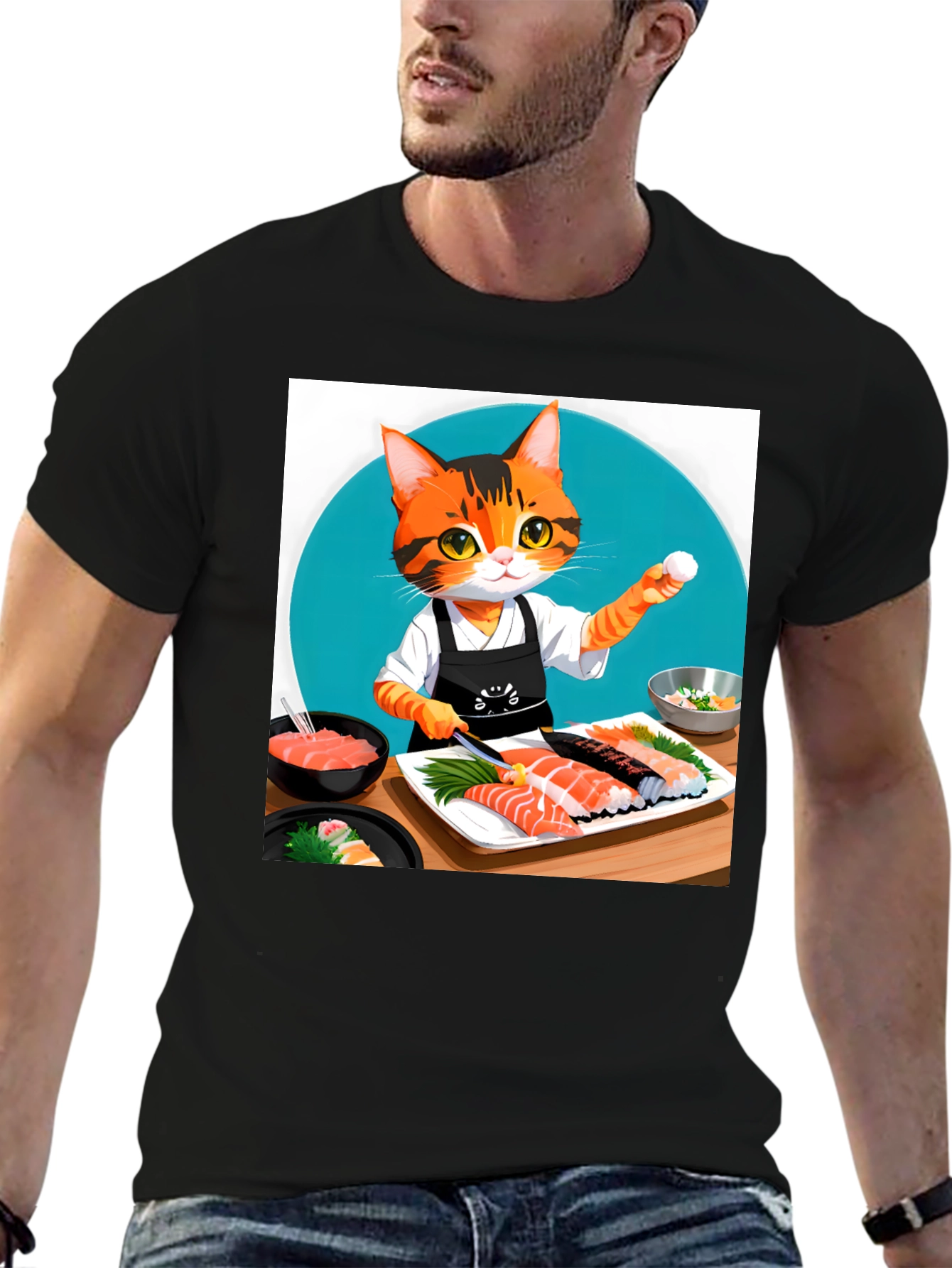 Black Sushi Cat T-Shirt - Chef Kitten Design view 6
