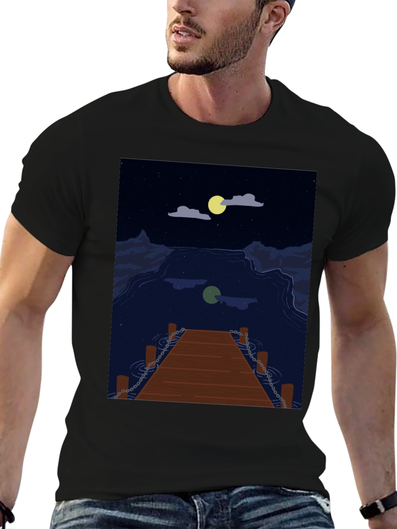 Black Night Lake Dock Graphic Tee view 6
