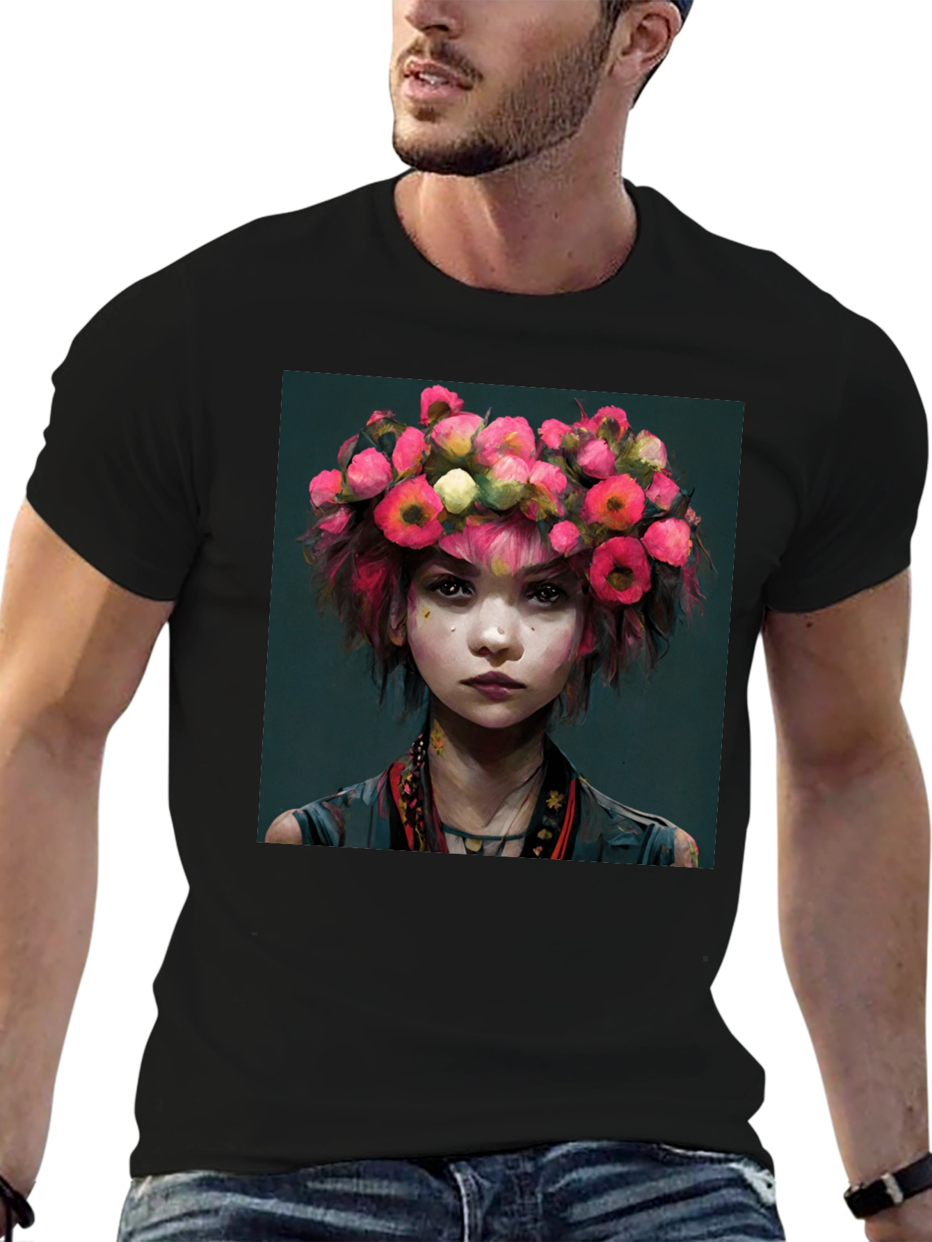 Black Floral Crown Girl Portrait T-Shirt view 6