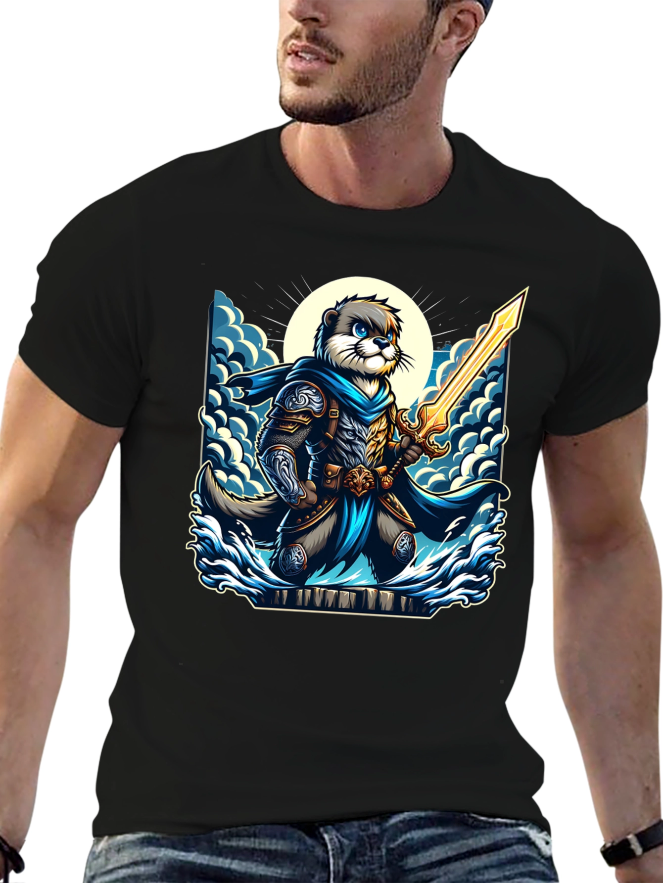 Black Otter Knight T-Shirt - Fantasy Graphic Tee view 6