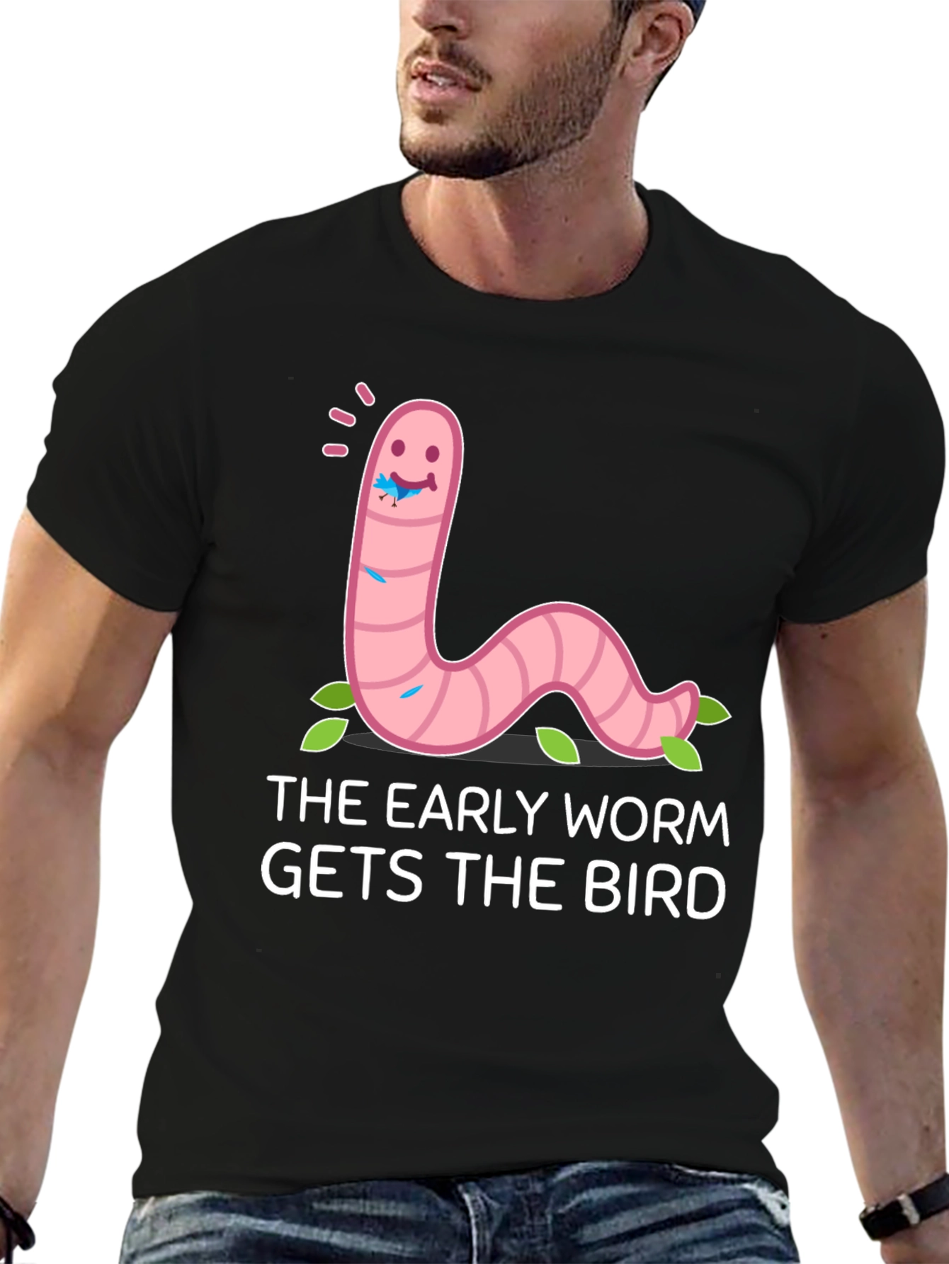 Black Early Worm Gets the Bird Graphic Tee view 6