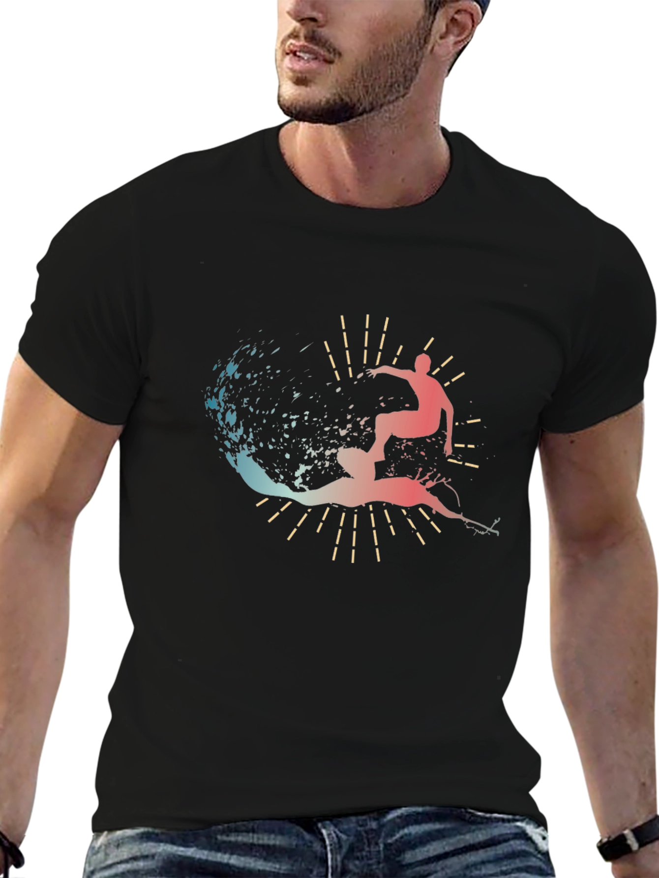 Black Surfer Silhouette Graphic Tee - Stylish Black Cotton T-Shirt view 6