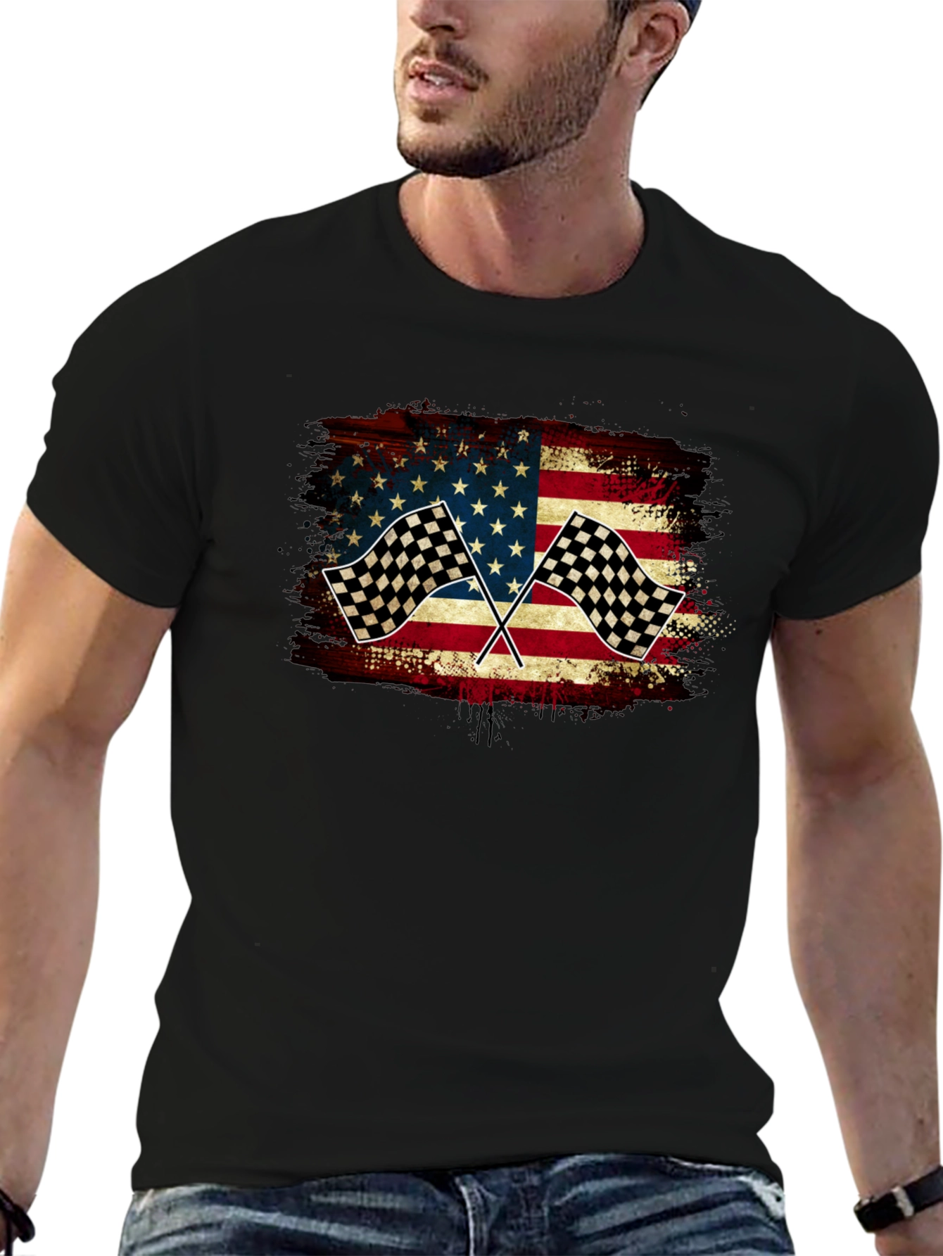 Black American Flag Race Car T-Shirt view 6