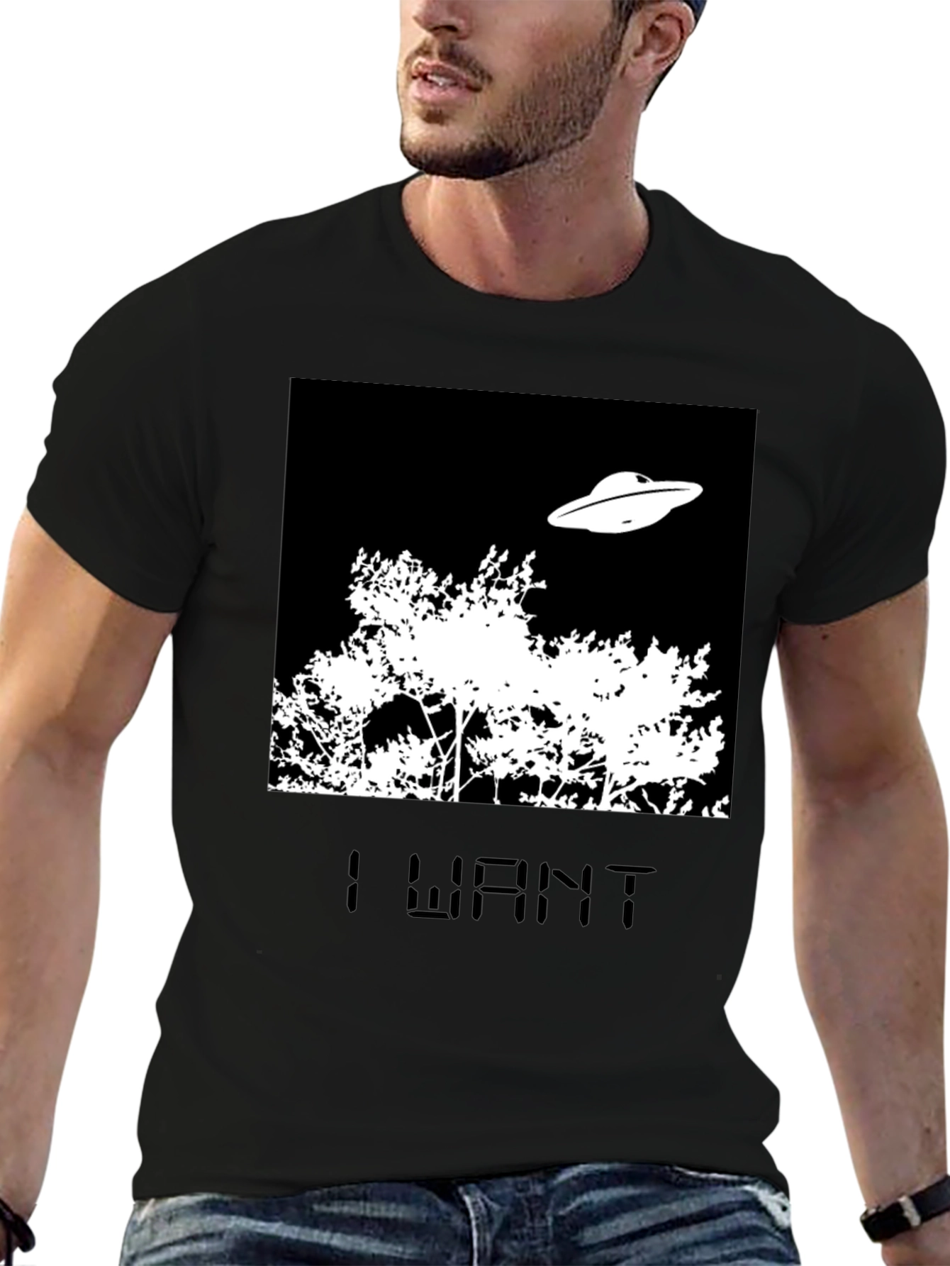 Black I Want T-Shirt UFO Tee Black Novelty  view 6