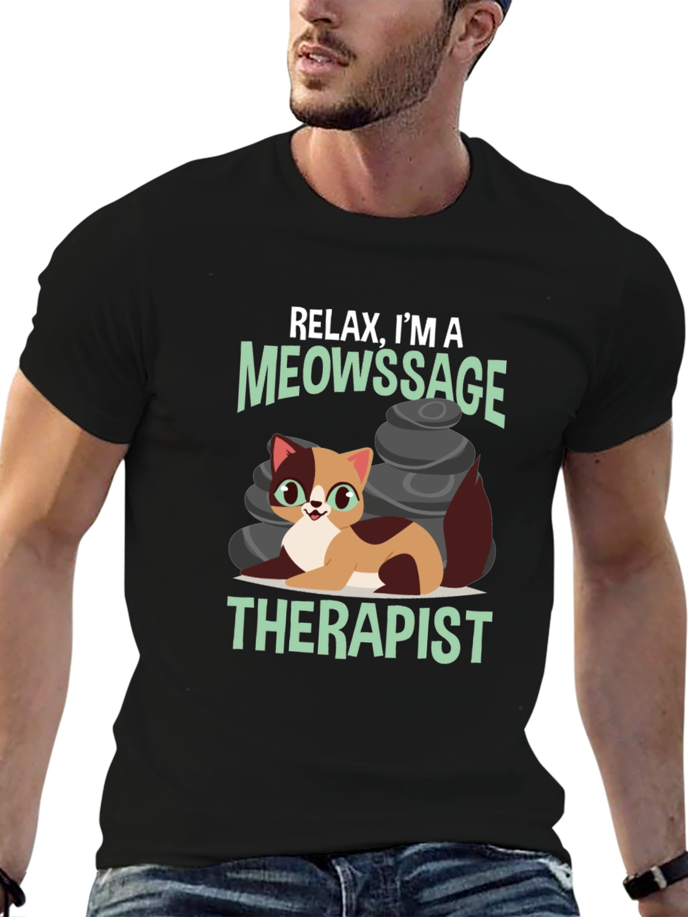 Black Relax, I'm a Meowssage Therapist T-Shirt view 6