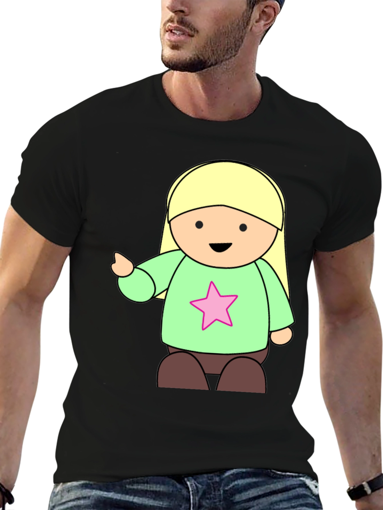 Black Cute Cartoon Girl Star T-Shirt - Black view 6