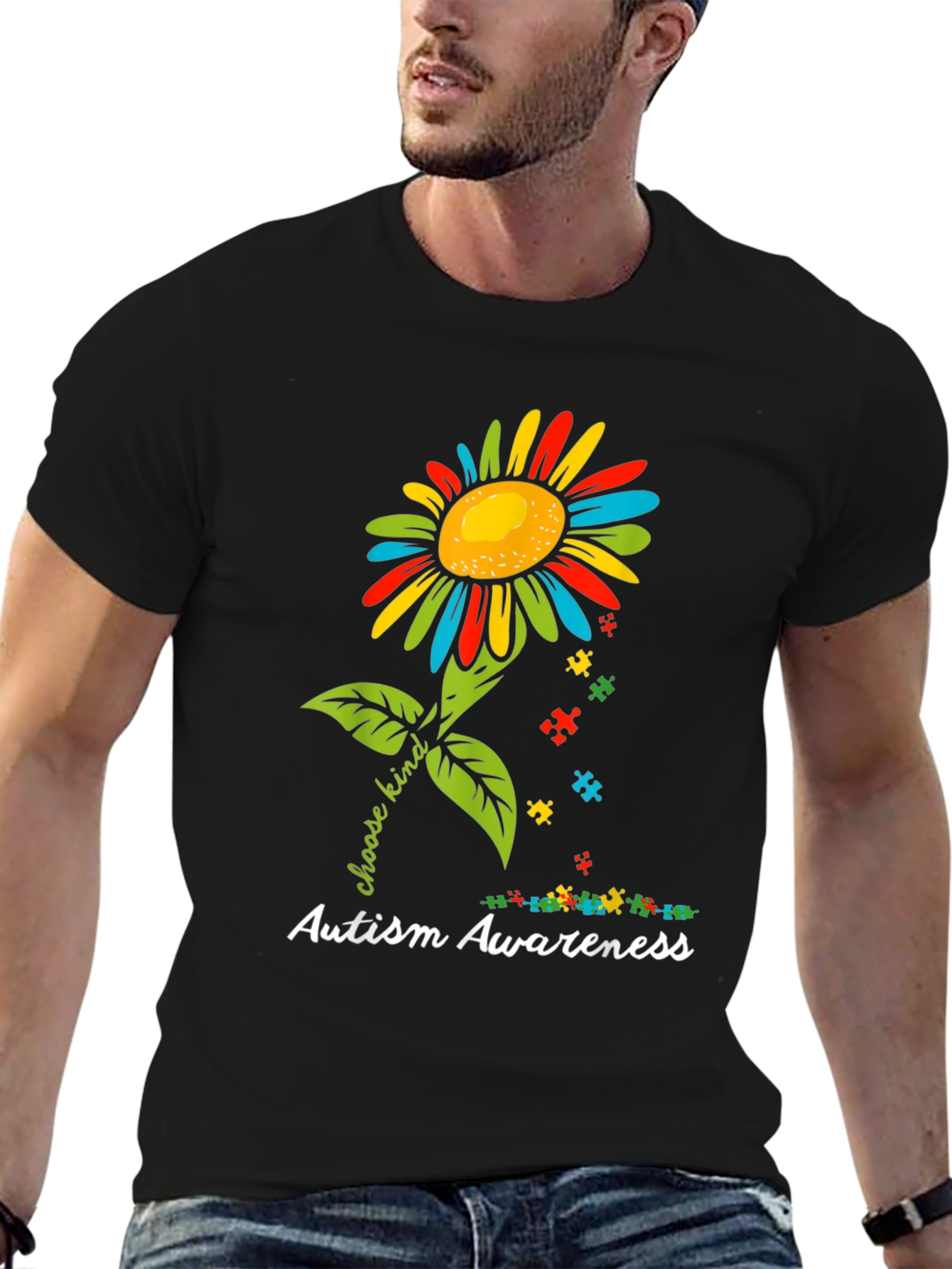 Black Autism Awareness Sunflower T-Shirt - Choose Kind view 6