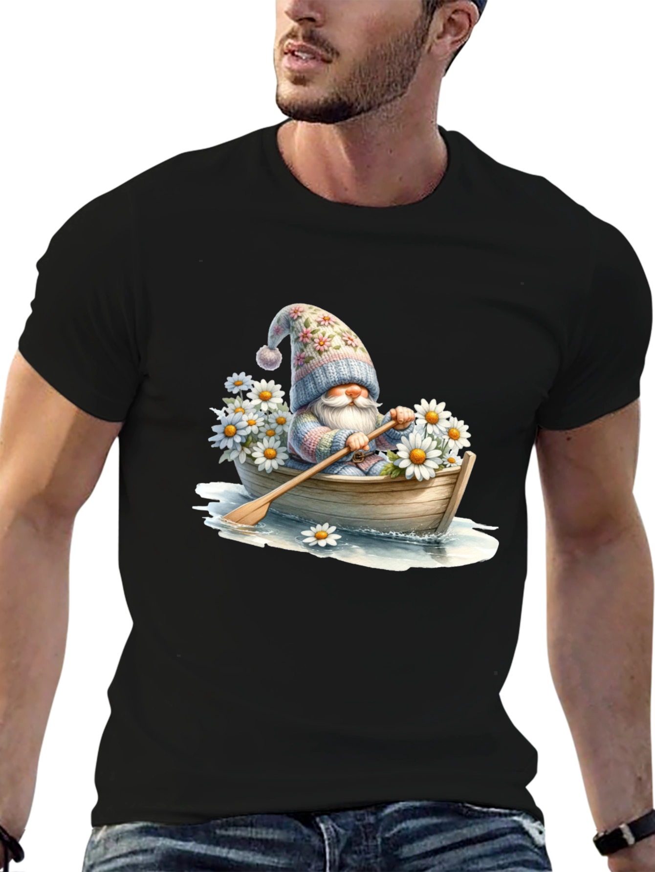 Black Gnome in Boat T-Shirt - Whimsical Floral Hat view 6