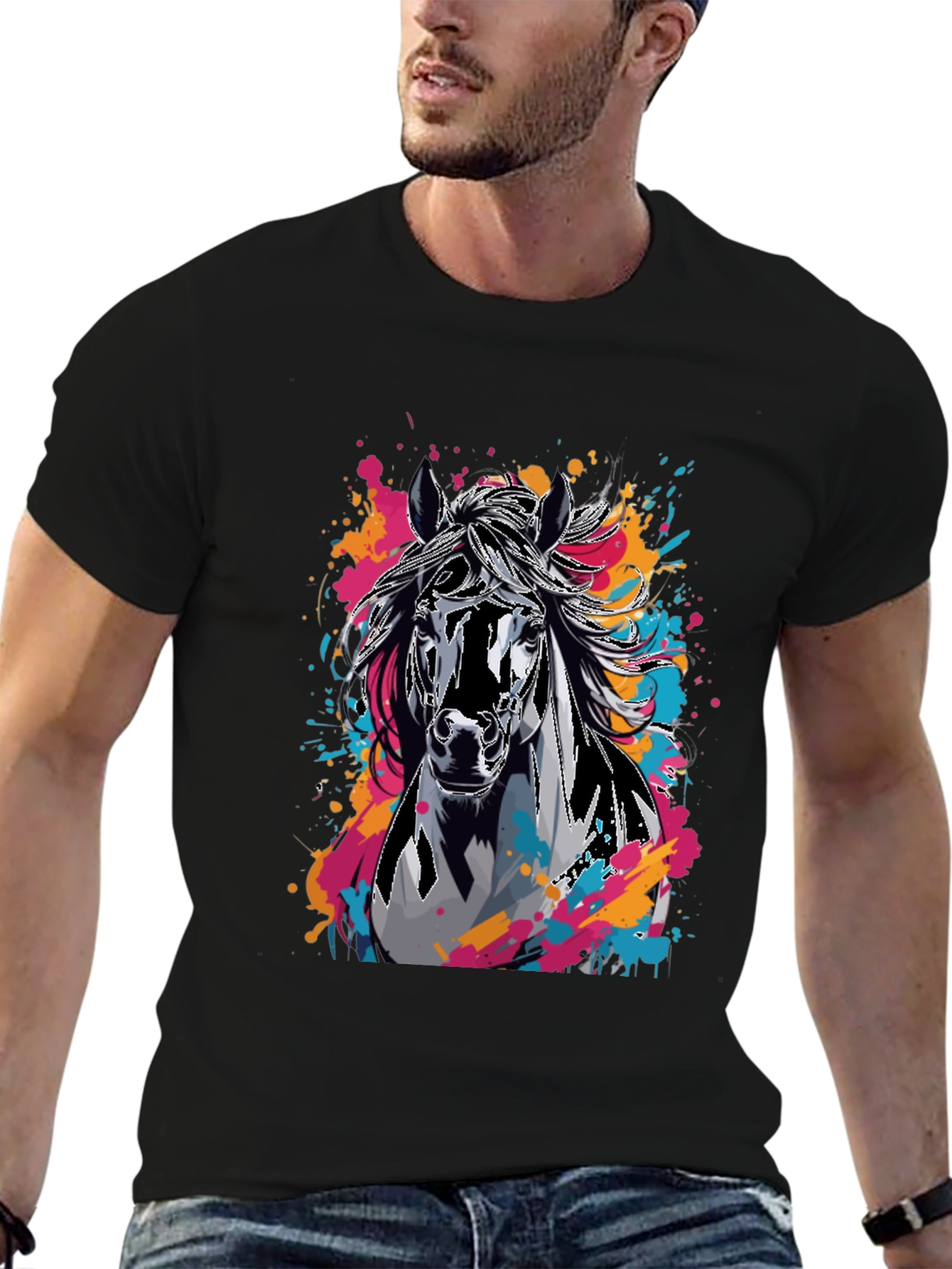 Black Horse Graphic T-Shirt - Colorful Animal Print Tee view 6