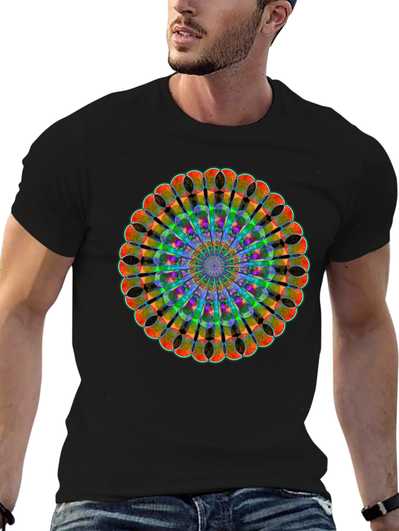 Black Kaleidoscope Mandala Black T-Shirt view 6