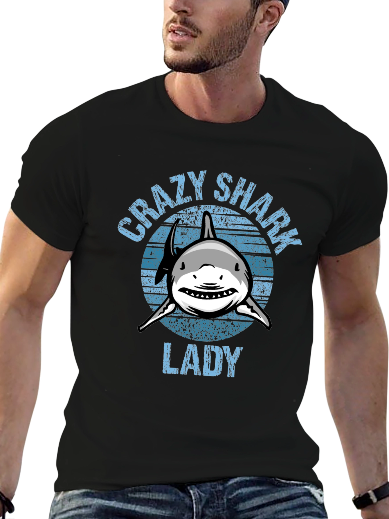 Black Crazy Shark Lady Graphic T-Shirt - Black view 6