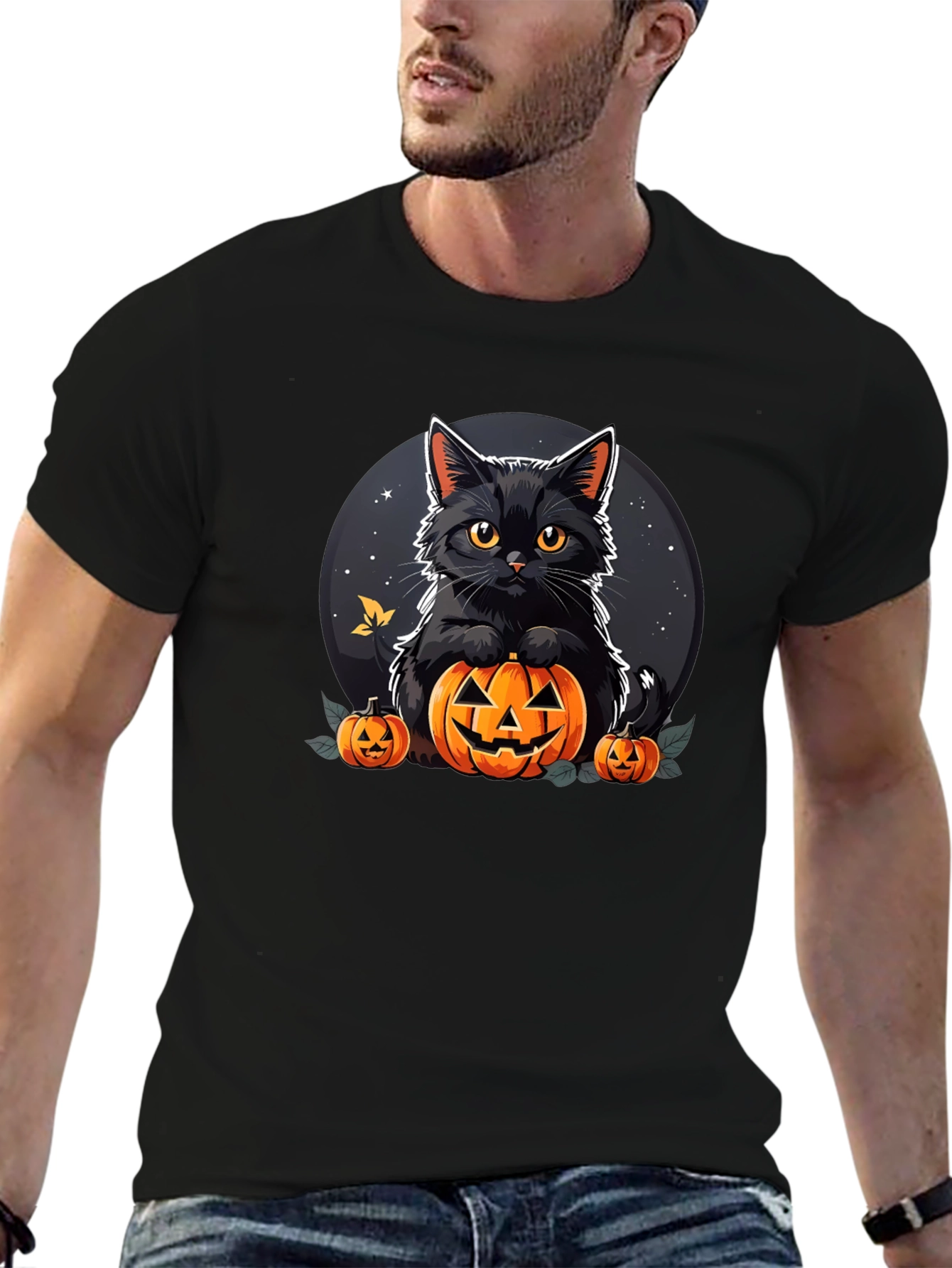 Black Halloween Cat Pumpkin T-Shirt view 6