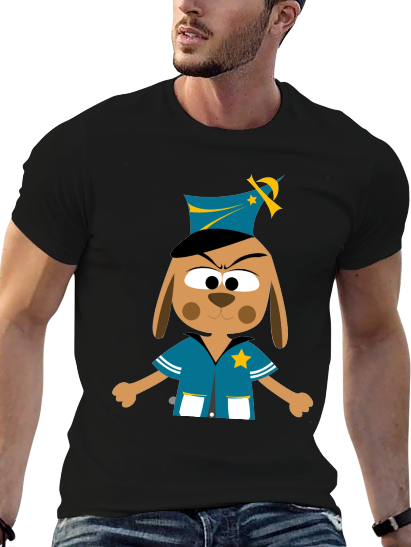 Black Cartoon Dog Cop T-Shirt - Novelty Graphic Tee view 6