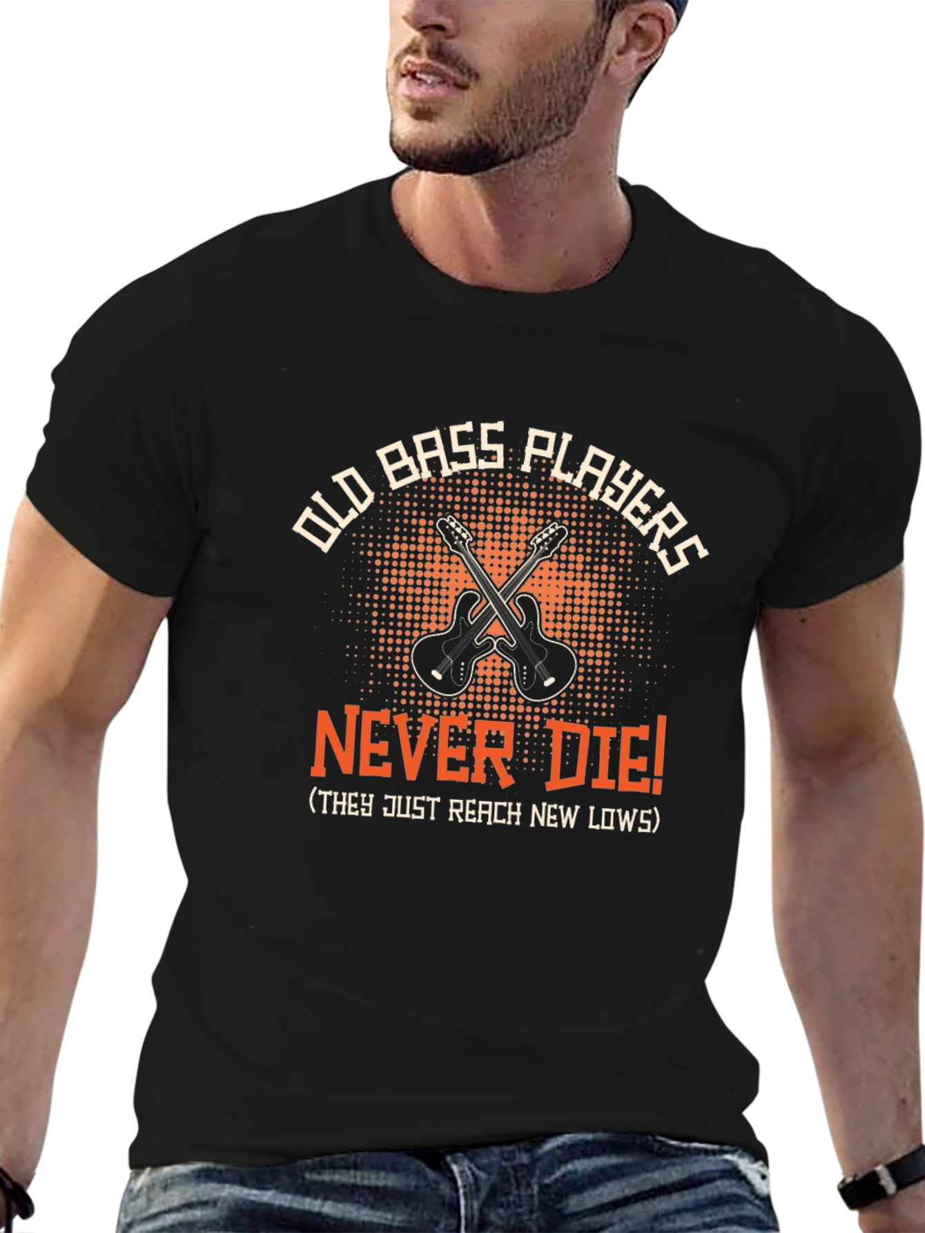 Black Old Bass Players Never Die Funny Music T-Shirt view 6
