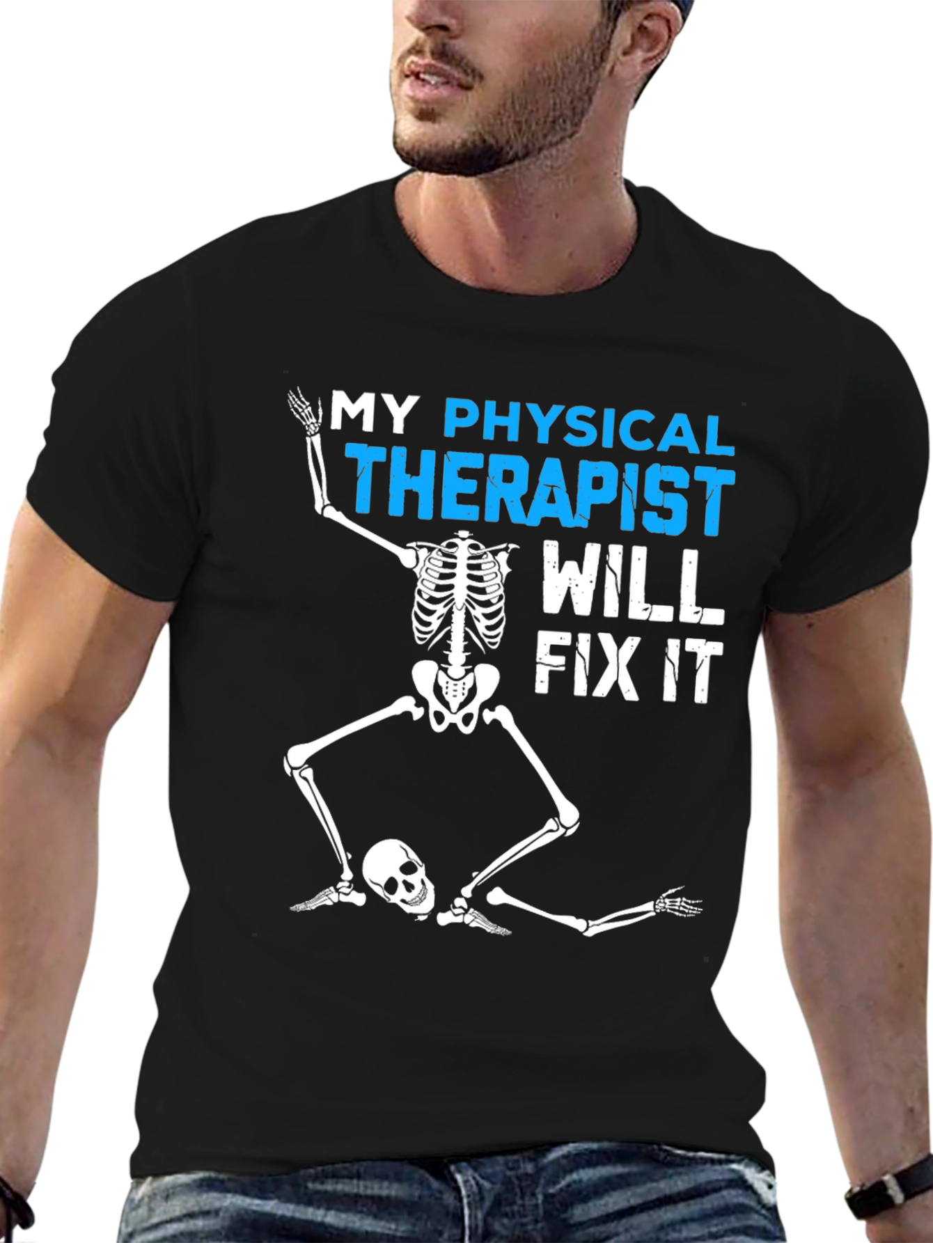 Black Funny Physical Therapist Skeleton T-Shirt view 6