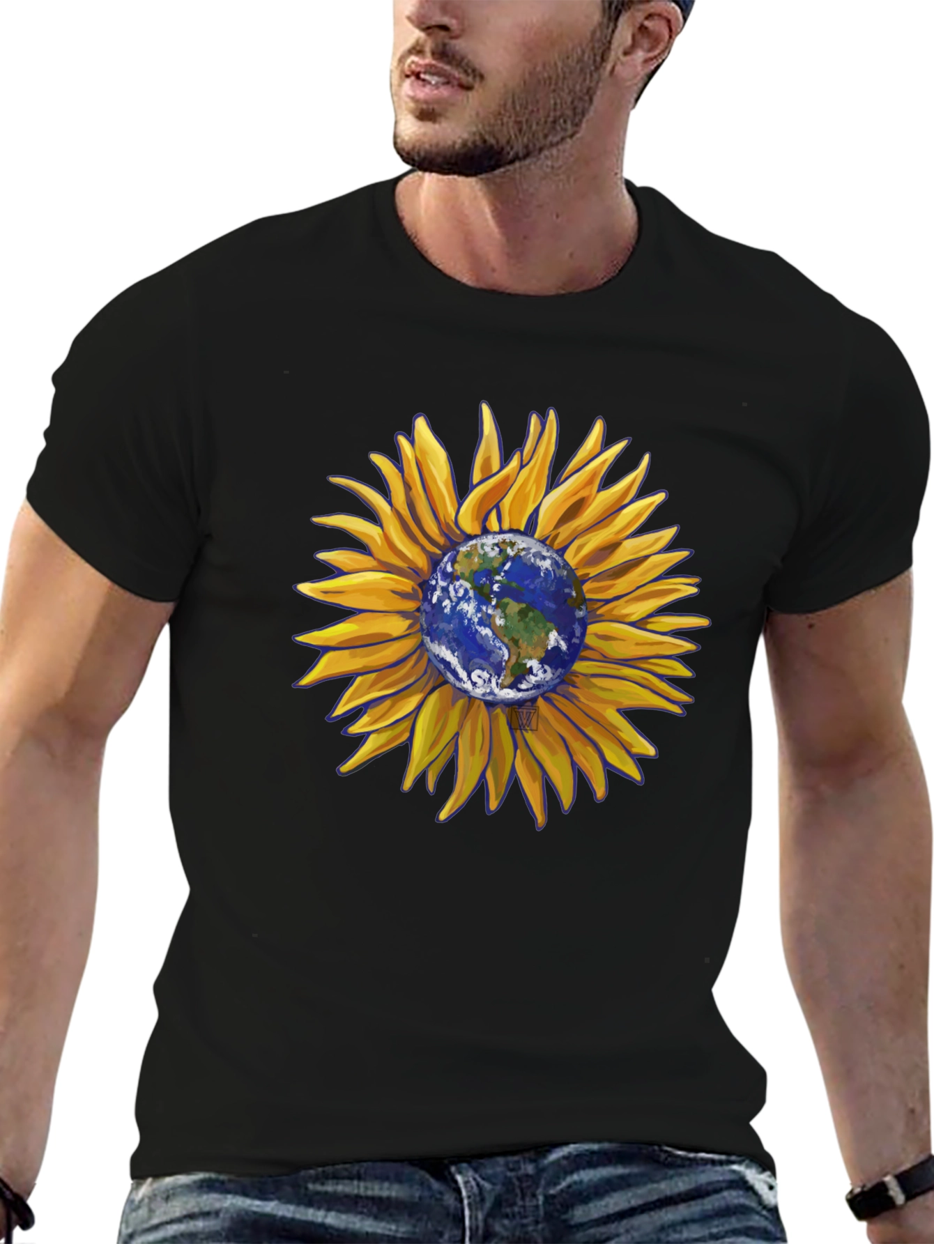 Black Sunflower Earth Graphic T-Shirt - Black Cotton Blend view 6