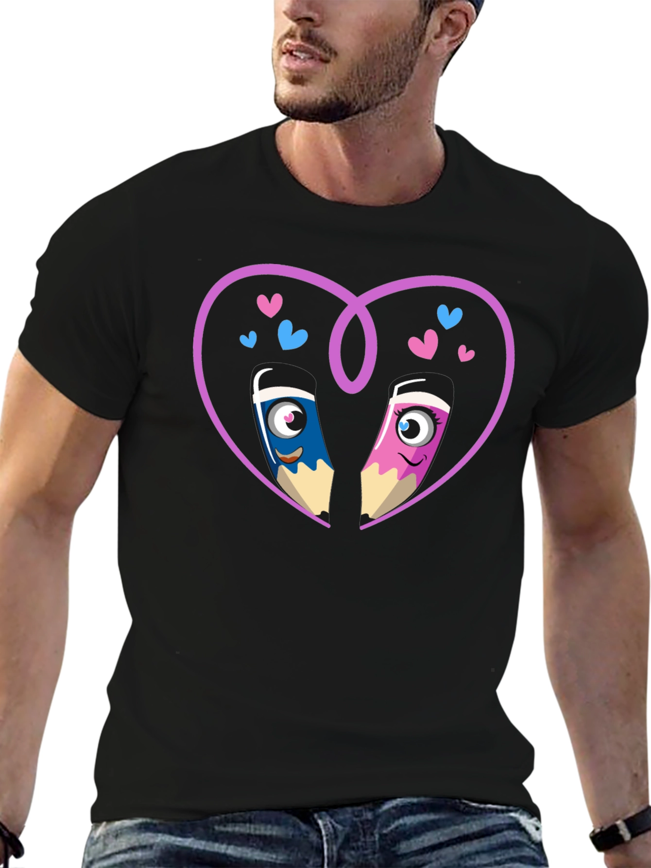 Black Cartoon Pencil Heart Graphic Tee view 6