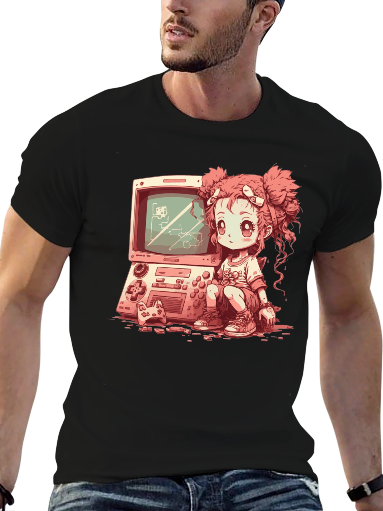 Black Retro Gamer Girl Black T-Shirt view 6