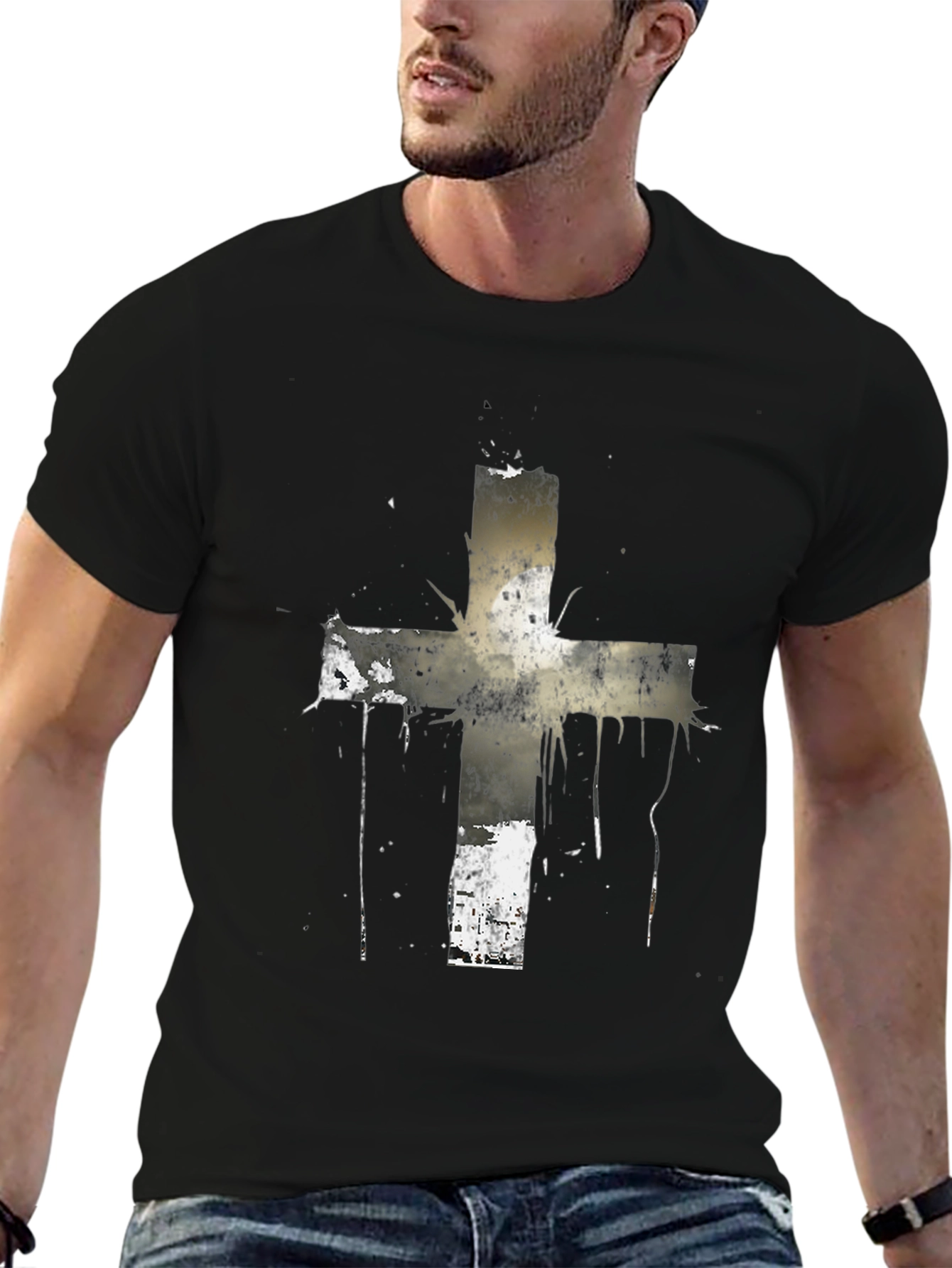 Black Grunge Cross Graphic Black T-Shirt view 6