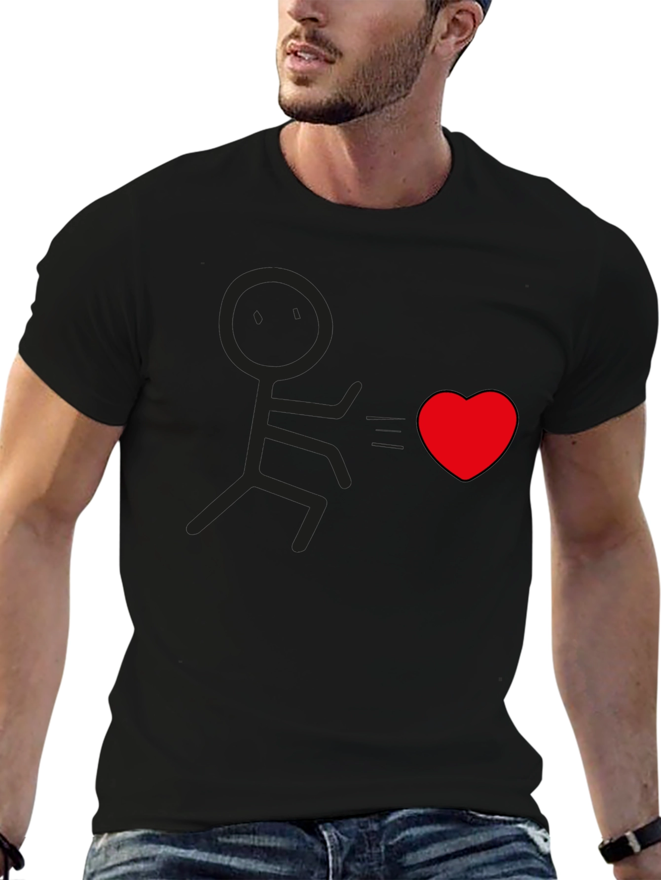 Black Stick Figure Chasing Heart Graphic Tee - Black view 6