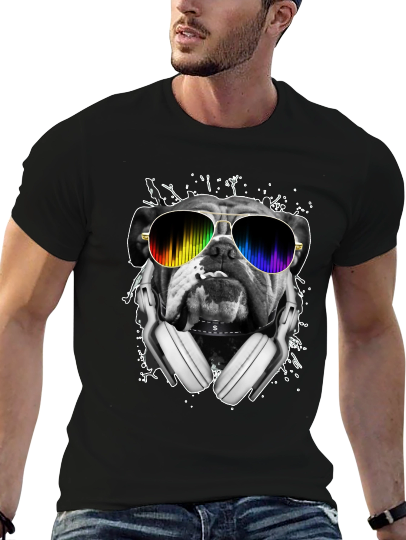 Black Bulldog DJ T-Shirt - Rainbow Glasses & Headphones view 6