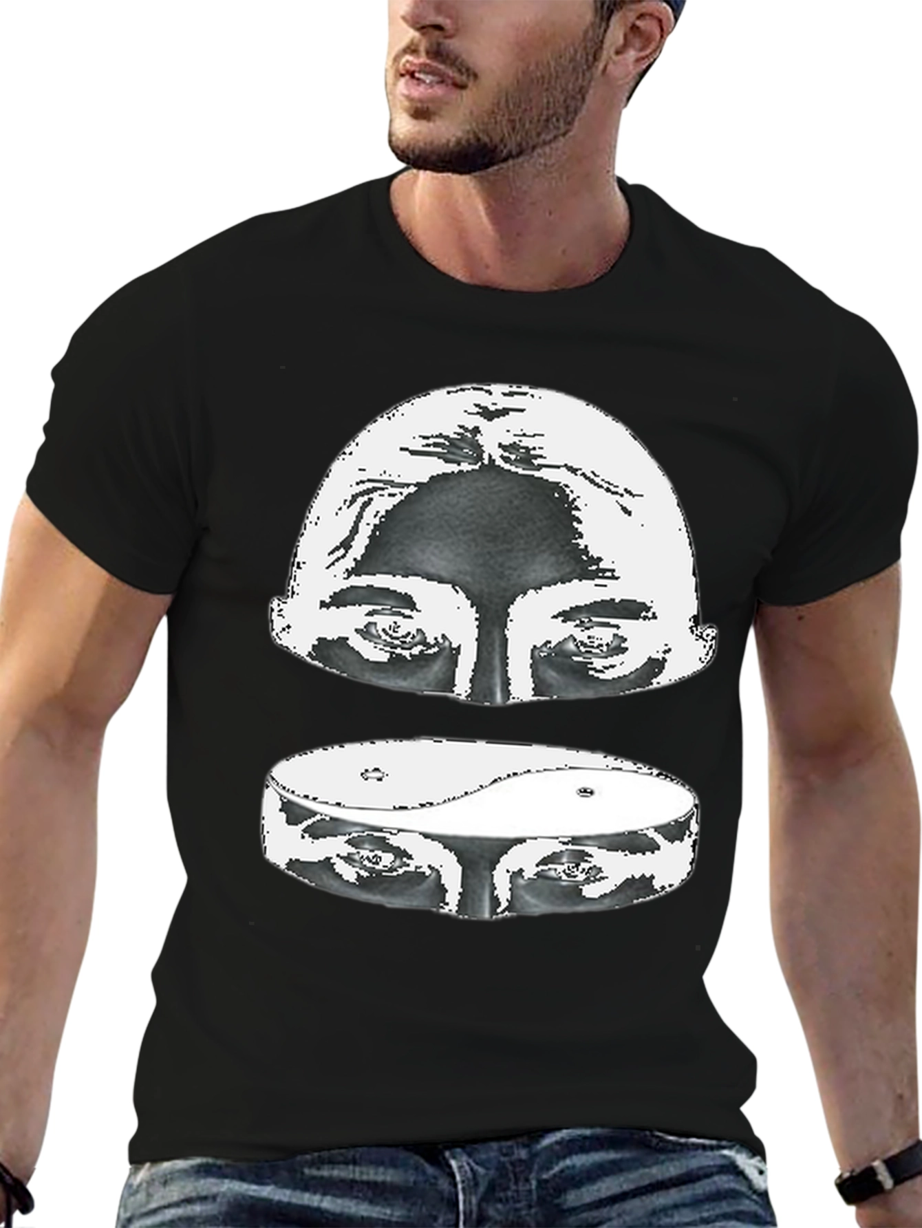 Black Yin Yang Eyes Graphic Print Black T-Shirt view 6