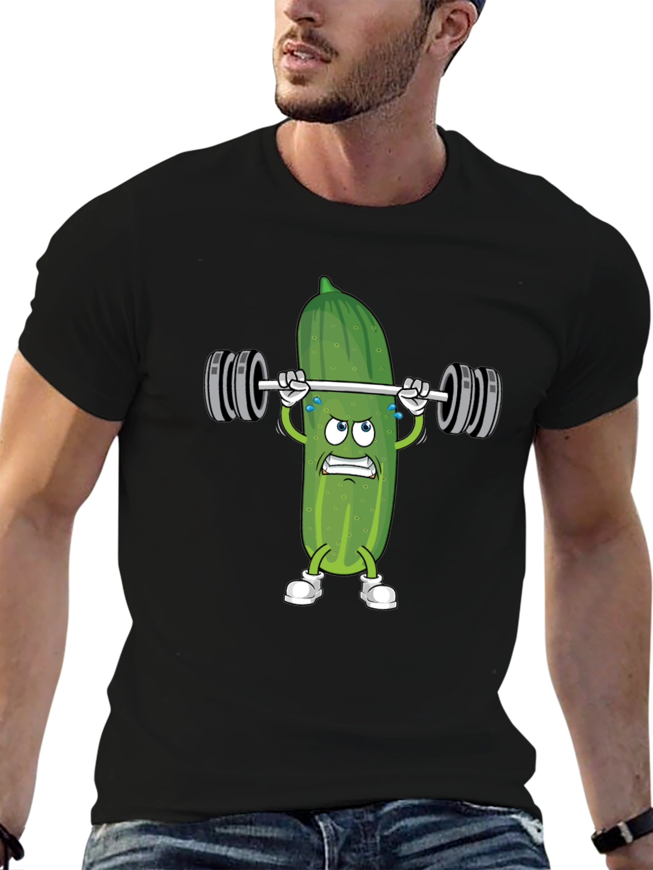 Black Pickle Lifting Weights Funny T-Shirt view 6