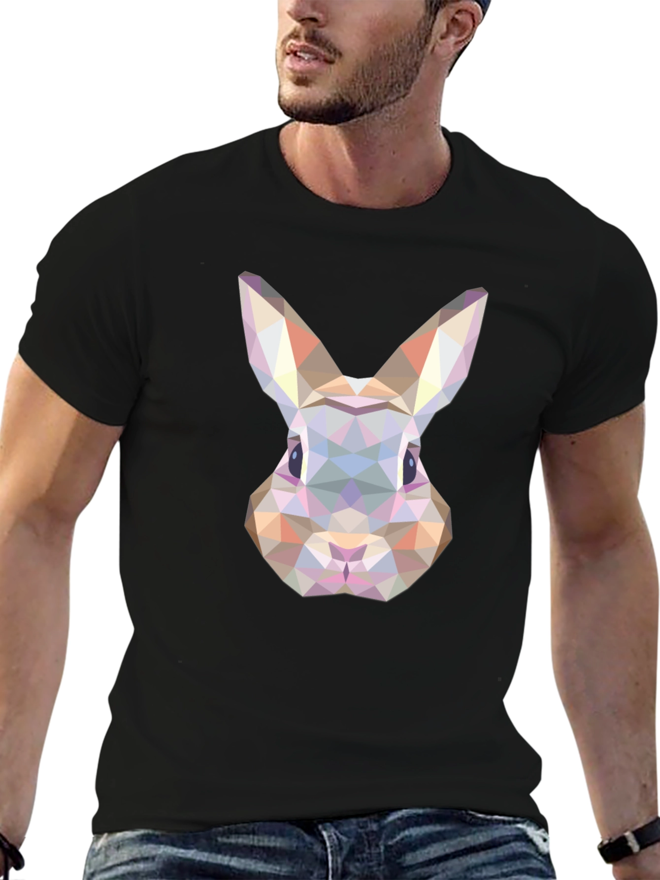 Black Geometric Rabbit Graphic Tee - Soft Black Cotton Blend Shirt view 6
