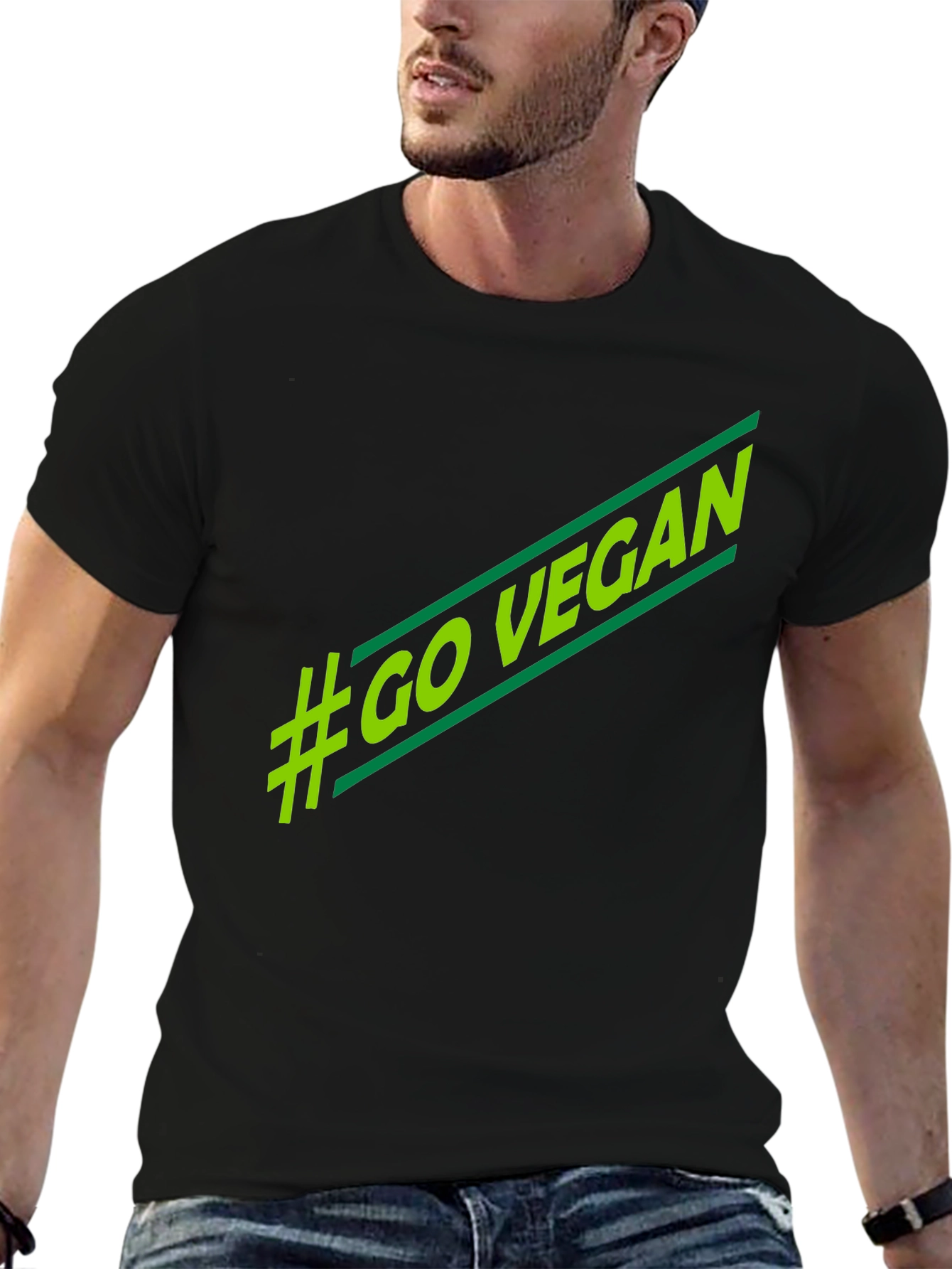 Black #Go Vegan T-Shirt - Stylish Green Graphic Tee view 6