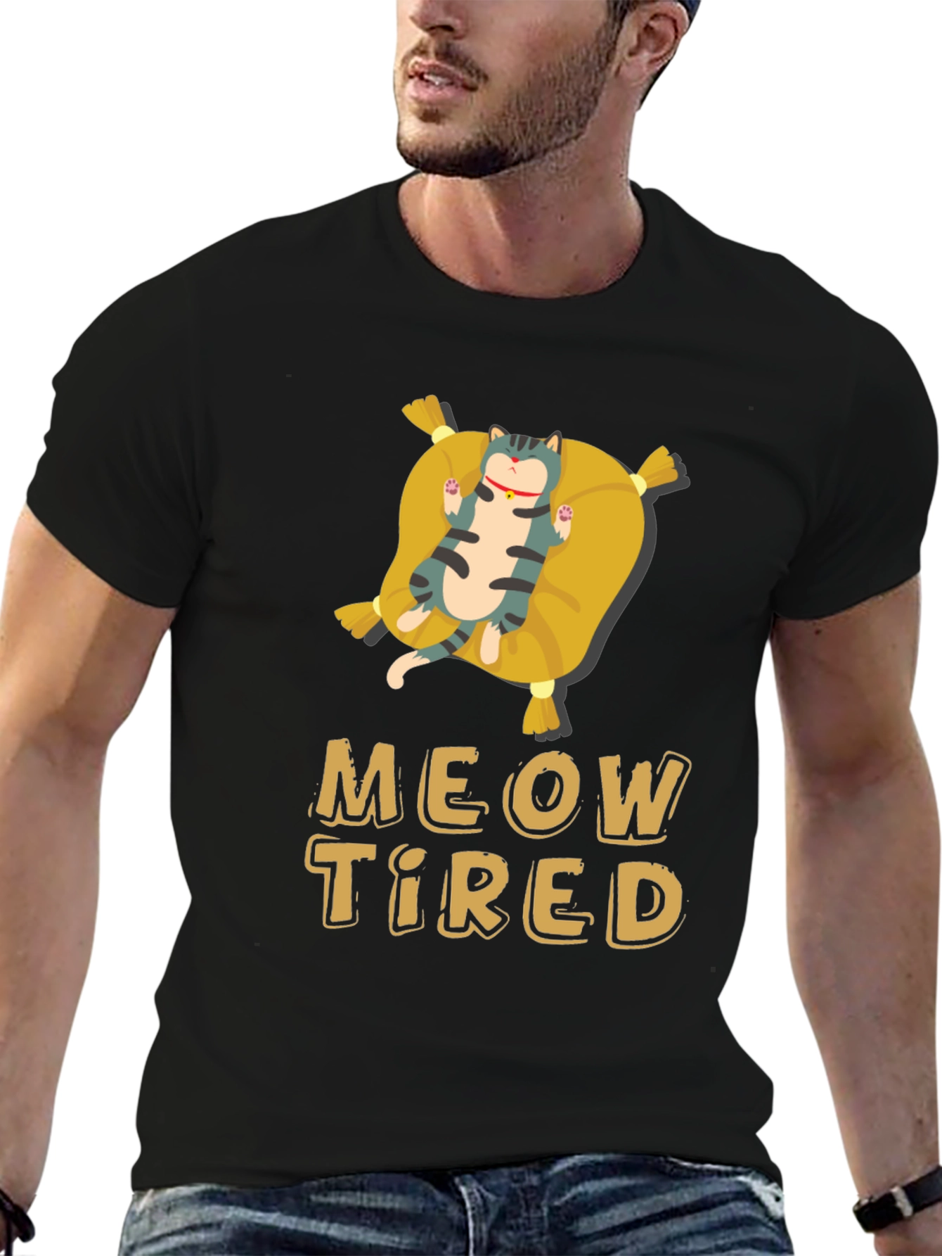 Black Meow Tired Cat Pillow T-Shirt - Relaxed Fit view 6