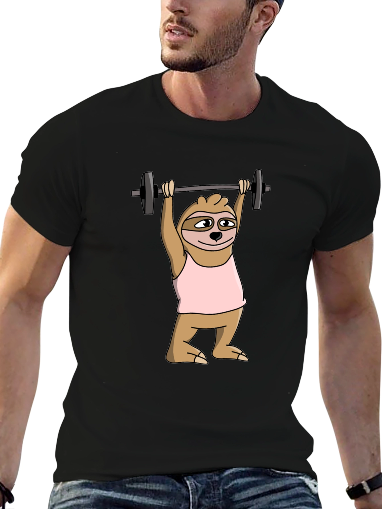 Black Sloth Lifting Weights Graphic Tee - Funny Workout Shirt view 6