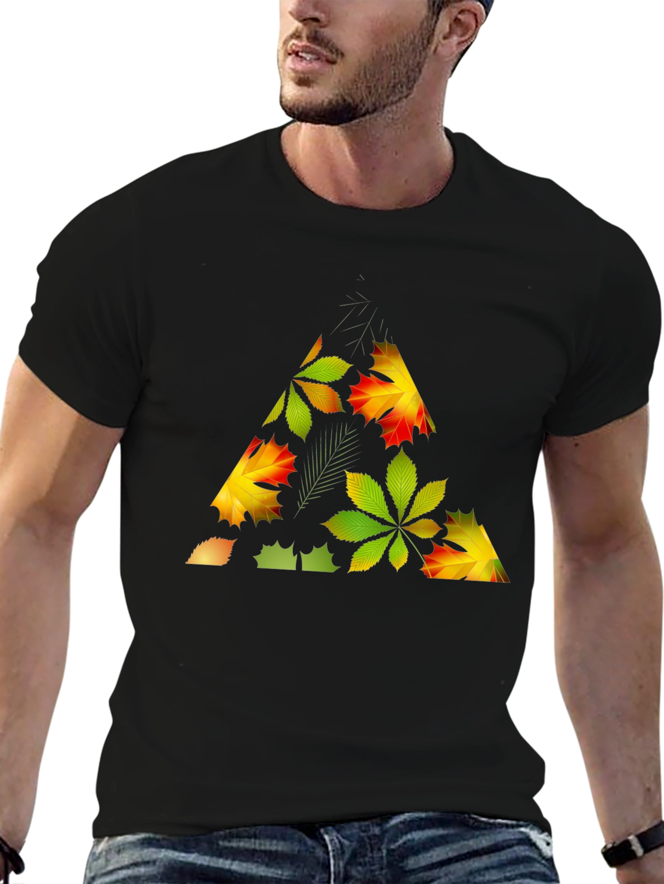 Black Autumn Leaf Triangle Black T-Shirt view 6