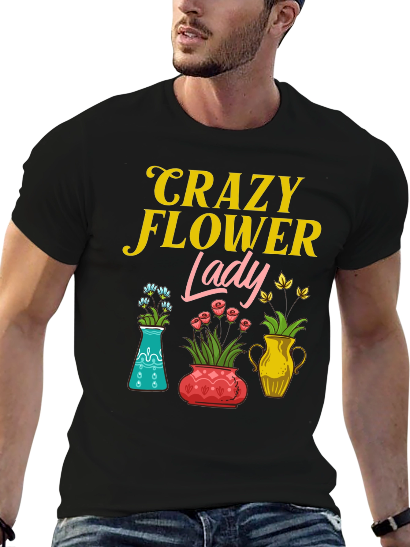 Black Crazy Flower Lady Graphic T-Shirt view 6