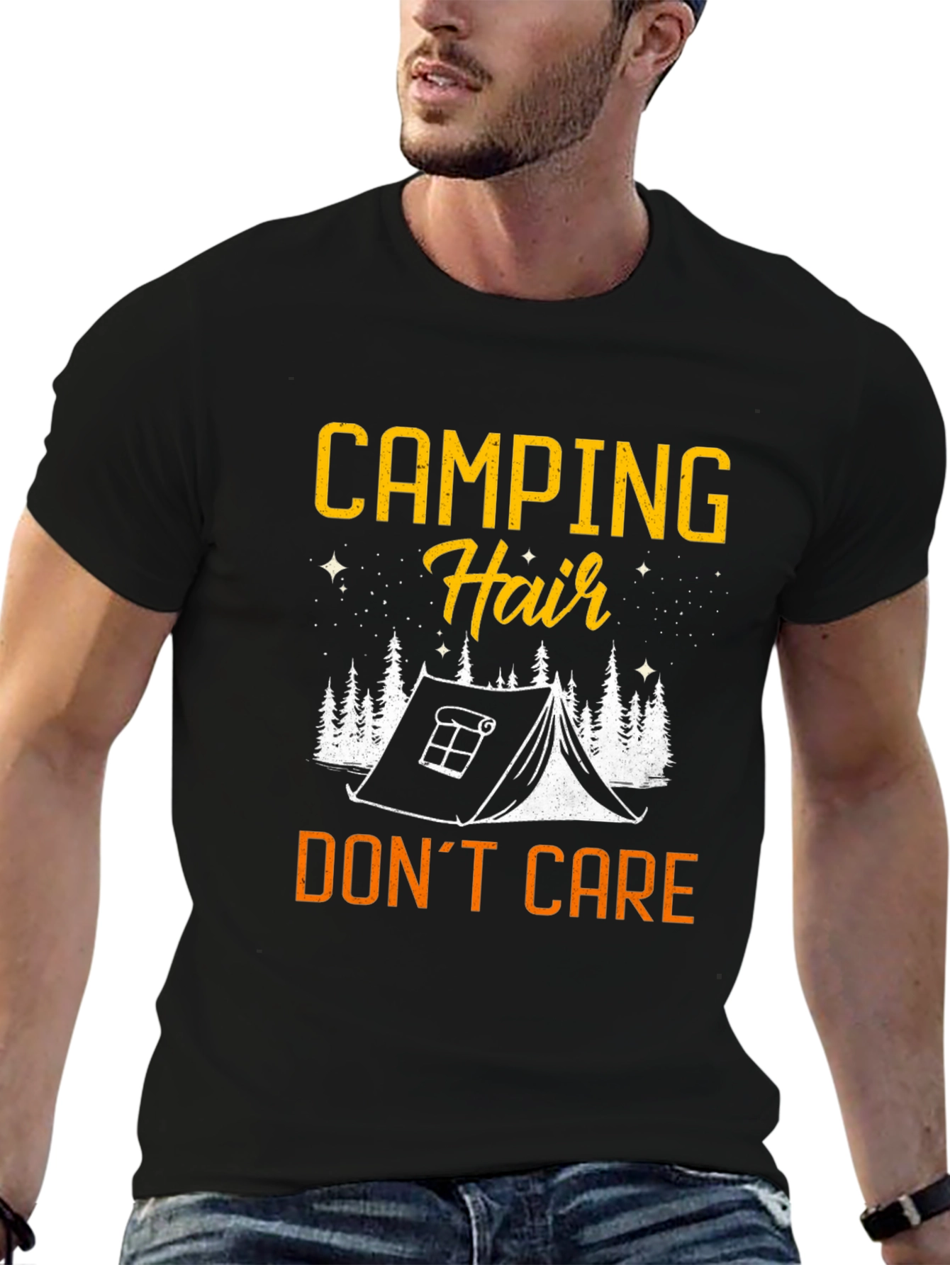 Black Camping Hair Don't Care Black Graphic Tee view 6