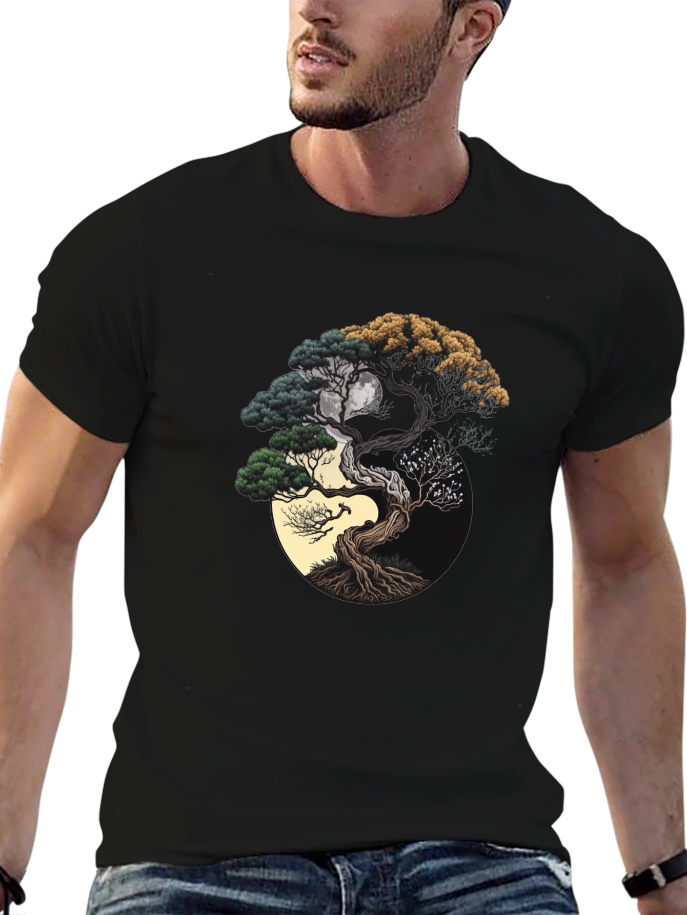 Black Yin Yang Bonsai Tree Graphic Tee - Unisex Black T-Shirt view 6