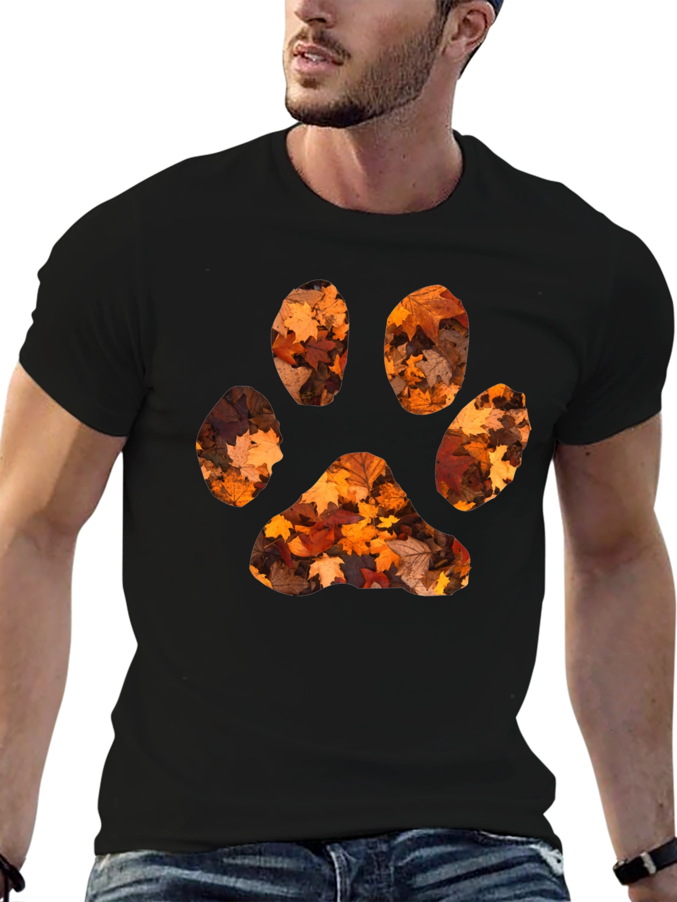 Black Fall Leaves Paw Print Black T-Shirt view 6