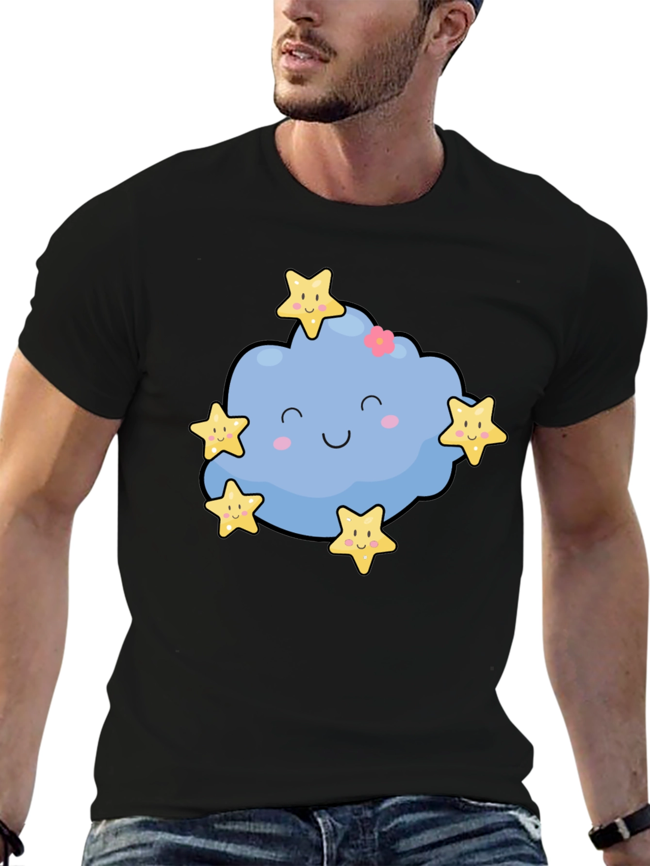 Black Cute Cloud & Stars Graphic Black T-Shirt view 6
