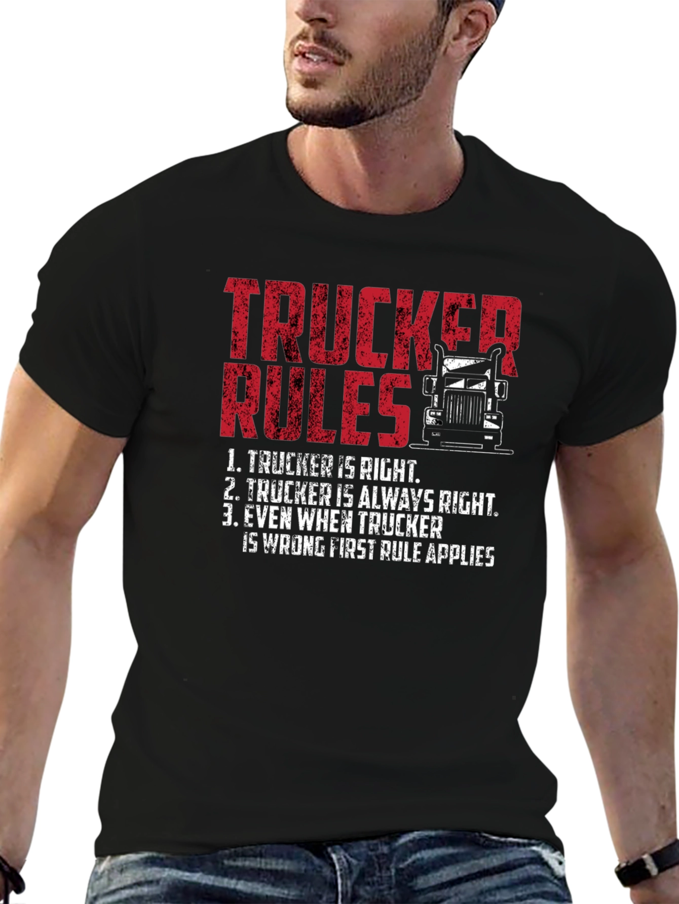 Black Trucker Rules Graphic Tee - Funny Truck Driver T-Shirt view 6