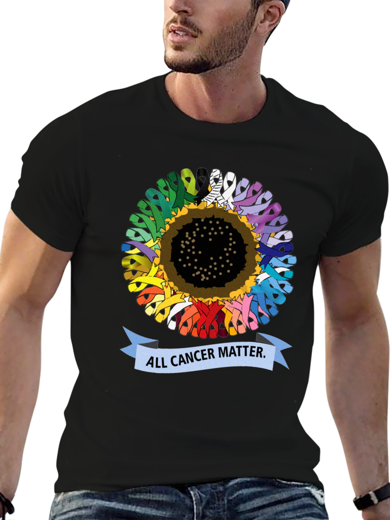 Black All Cancer Matter T-Shirt - Sunflower Ribbon Design view 6