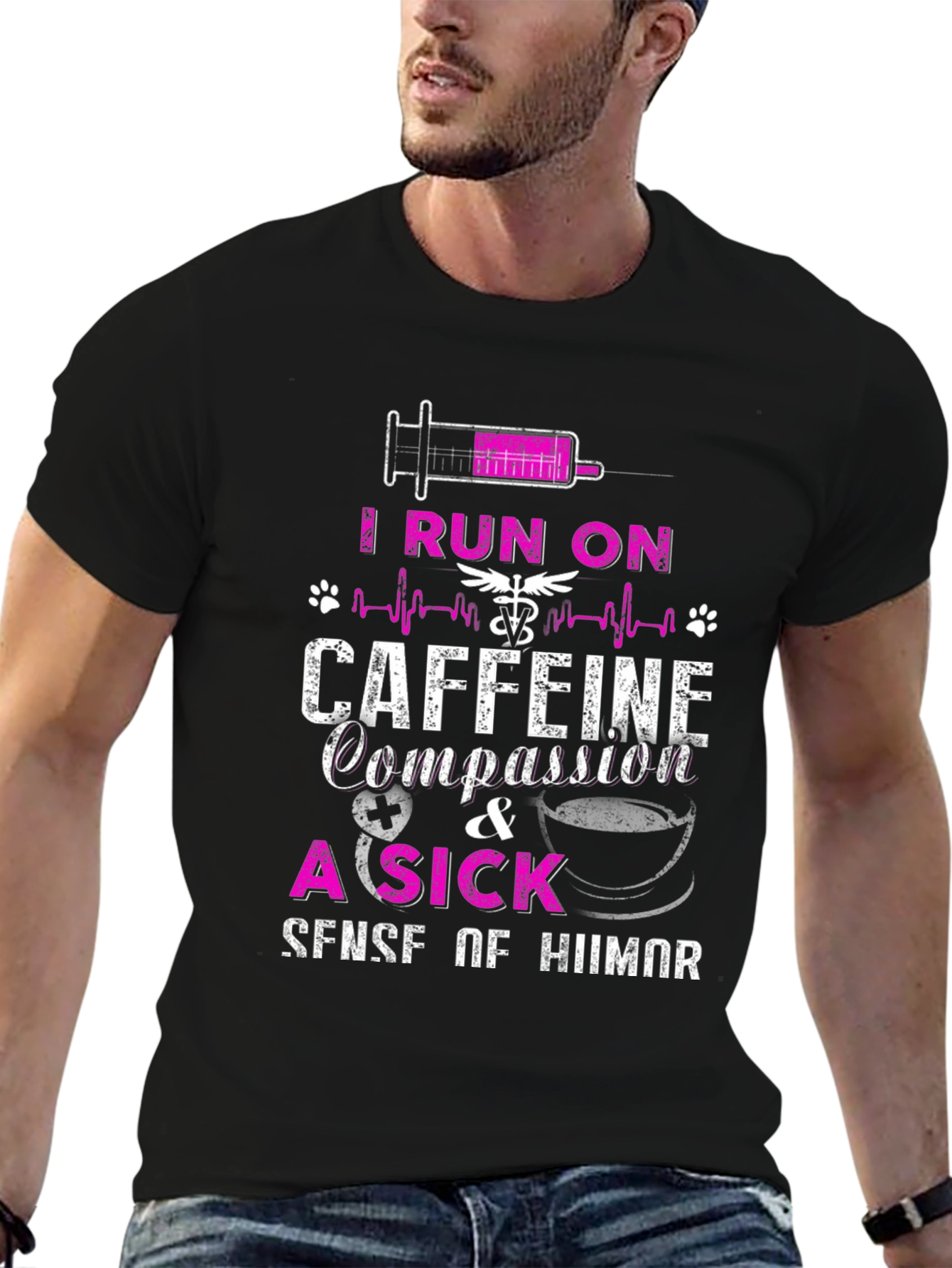 Black Funny Nurse/Vet Tech T-Shirt - I Run on Caffeine & Compassion view 6