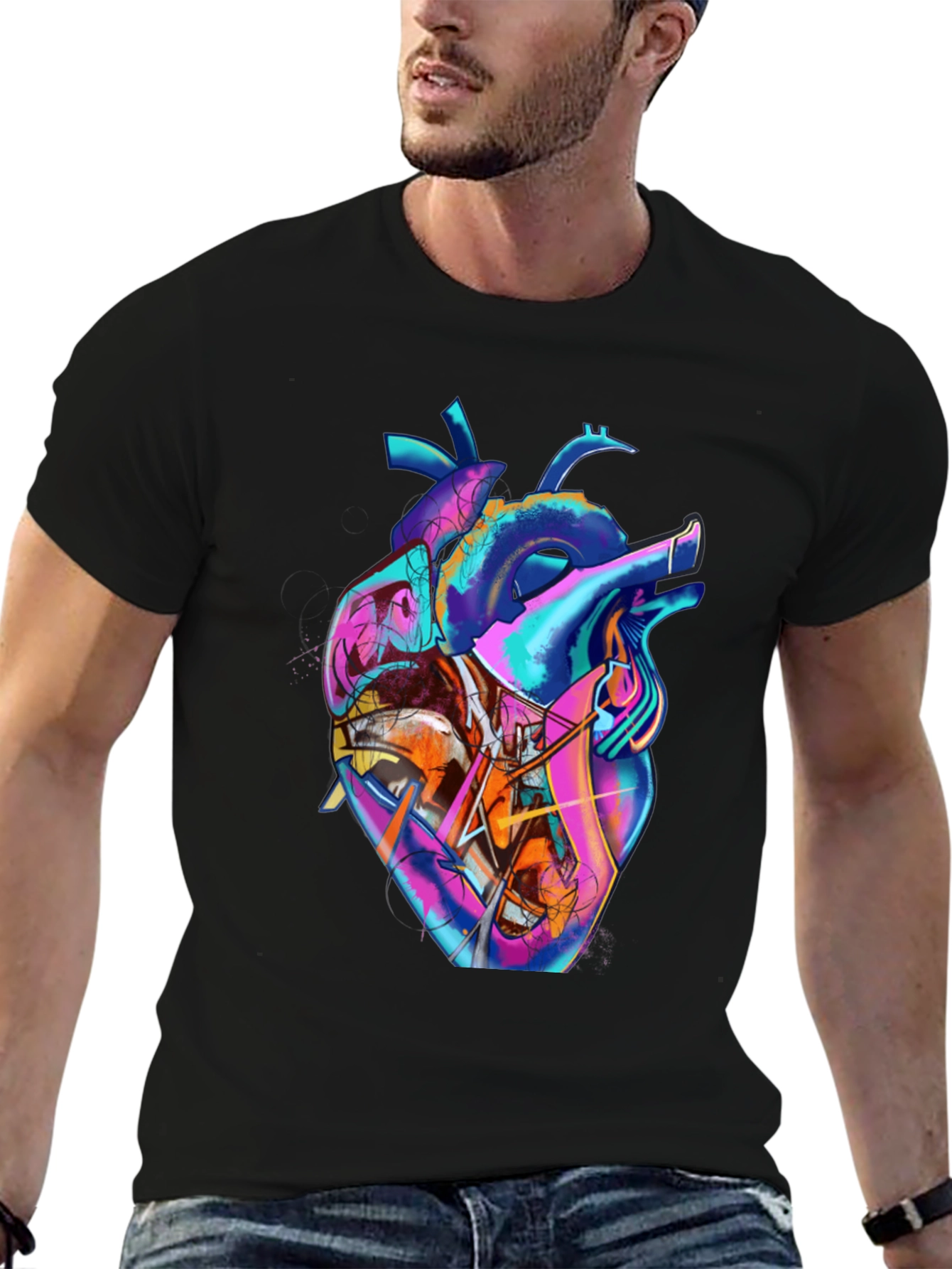 Black Abstract Heart Graphic Tee - Stylish Men's Black T-Shirt view 6
